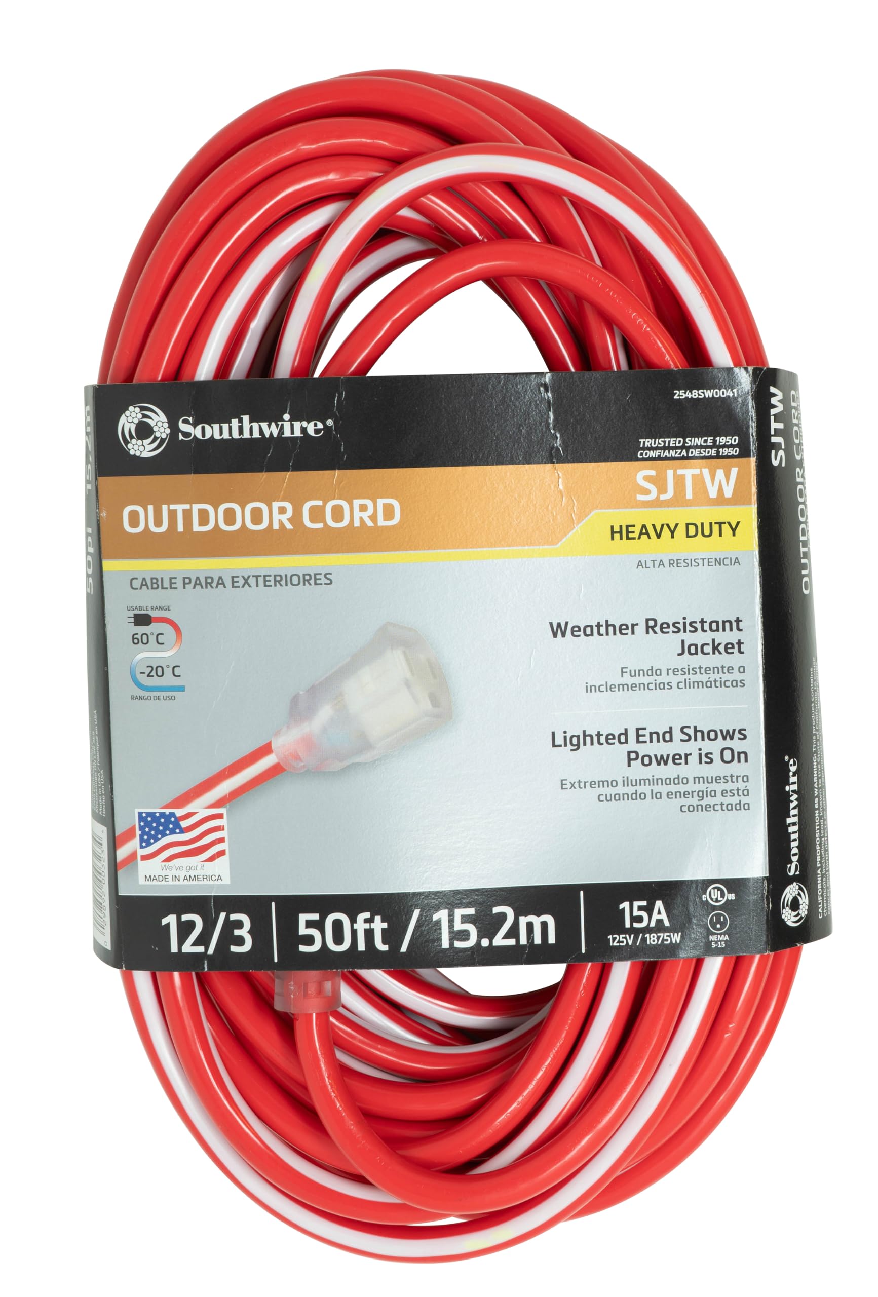 Southwire 025480041 2548SW0041 50ft 12/3 SJTW Stripes & Outdoor Ext Cord (Red/White), 50-Foot