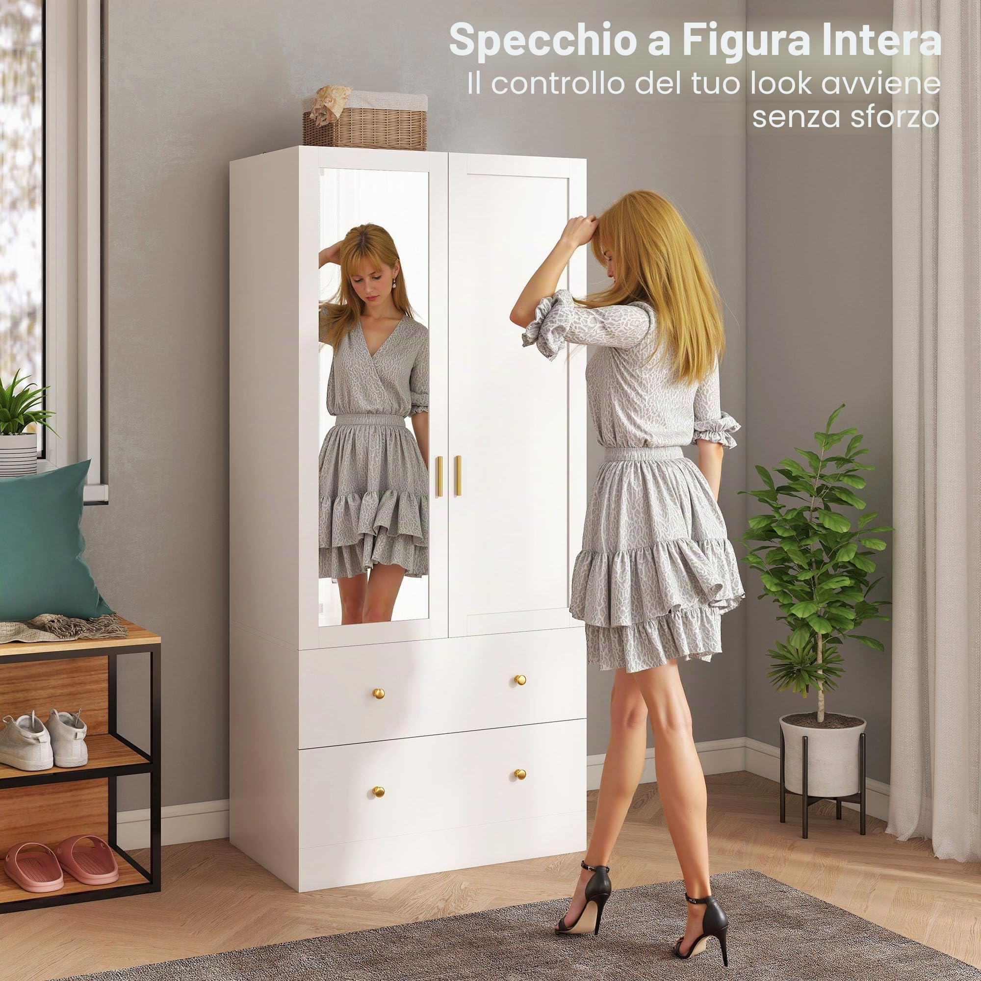HOMCOM Armadio Moderno con Specchio 80x50x180cm Bianco