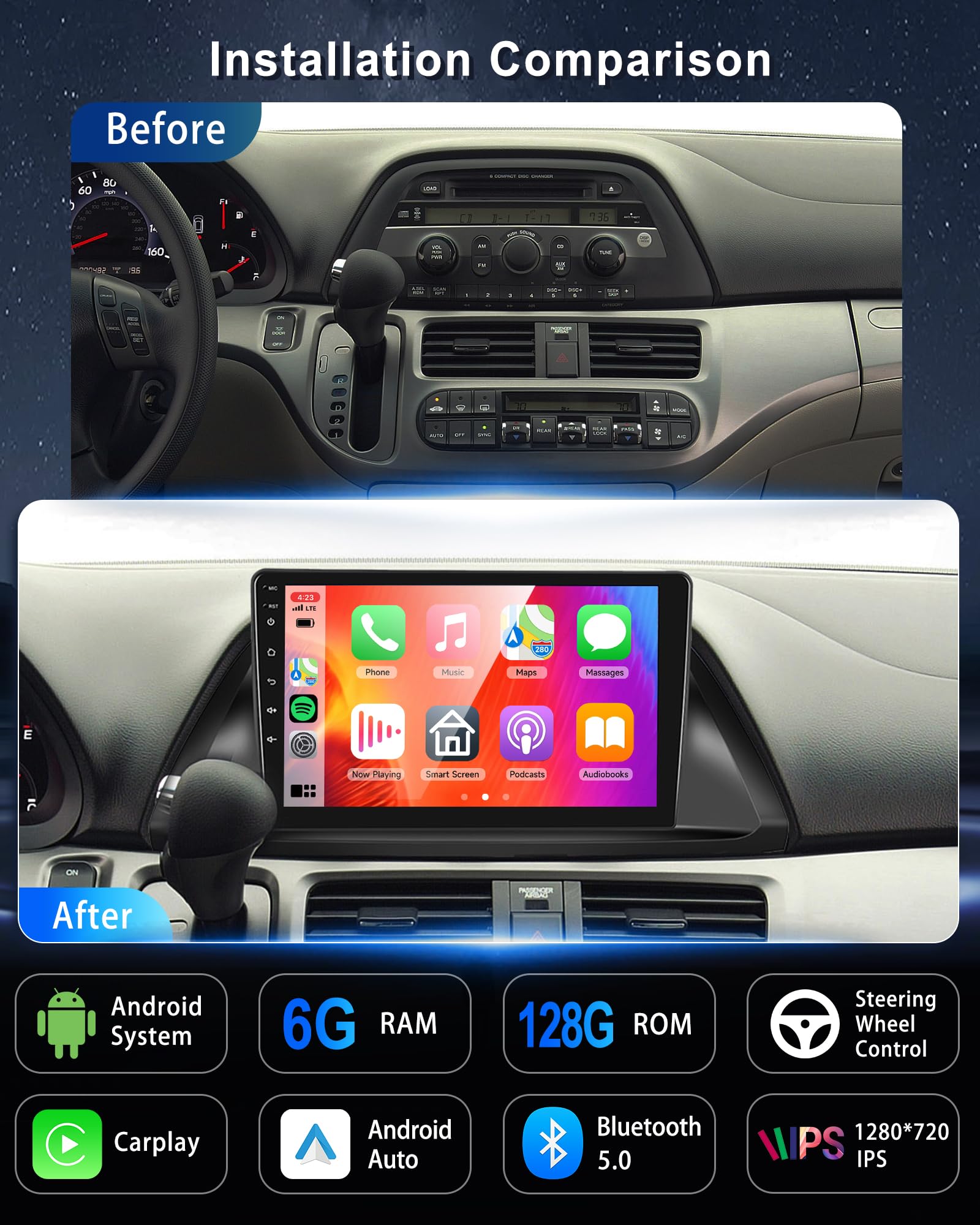 KYNNT 6G+128G Car Radio for Honda Odyssey 2005-2010, Android Car Stereo for Odyssey Wireless CarPlay Android Auto, DSP-32EQ, GPS Navigation WiFi, Bluetooth 10'' Touch Screen FM Backup Camera MIC