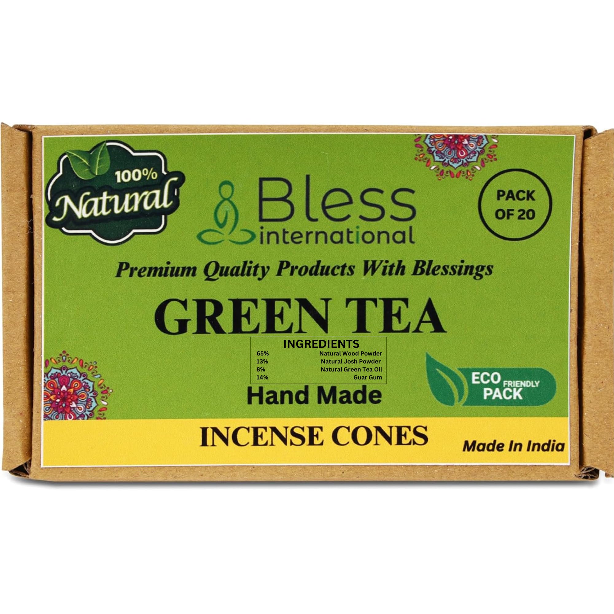 Bless International Green-Tea 100%-Natural-Incense-Cones Handmade-Hand-Dipped Organic-Chemicals-Free for-Purification-Relaxation-Positivity-Yoga-Meditation The-Best-scents (20 Count)