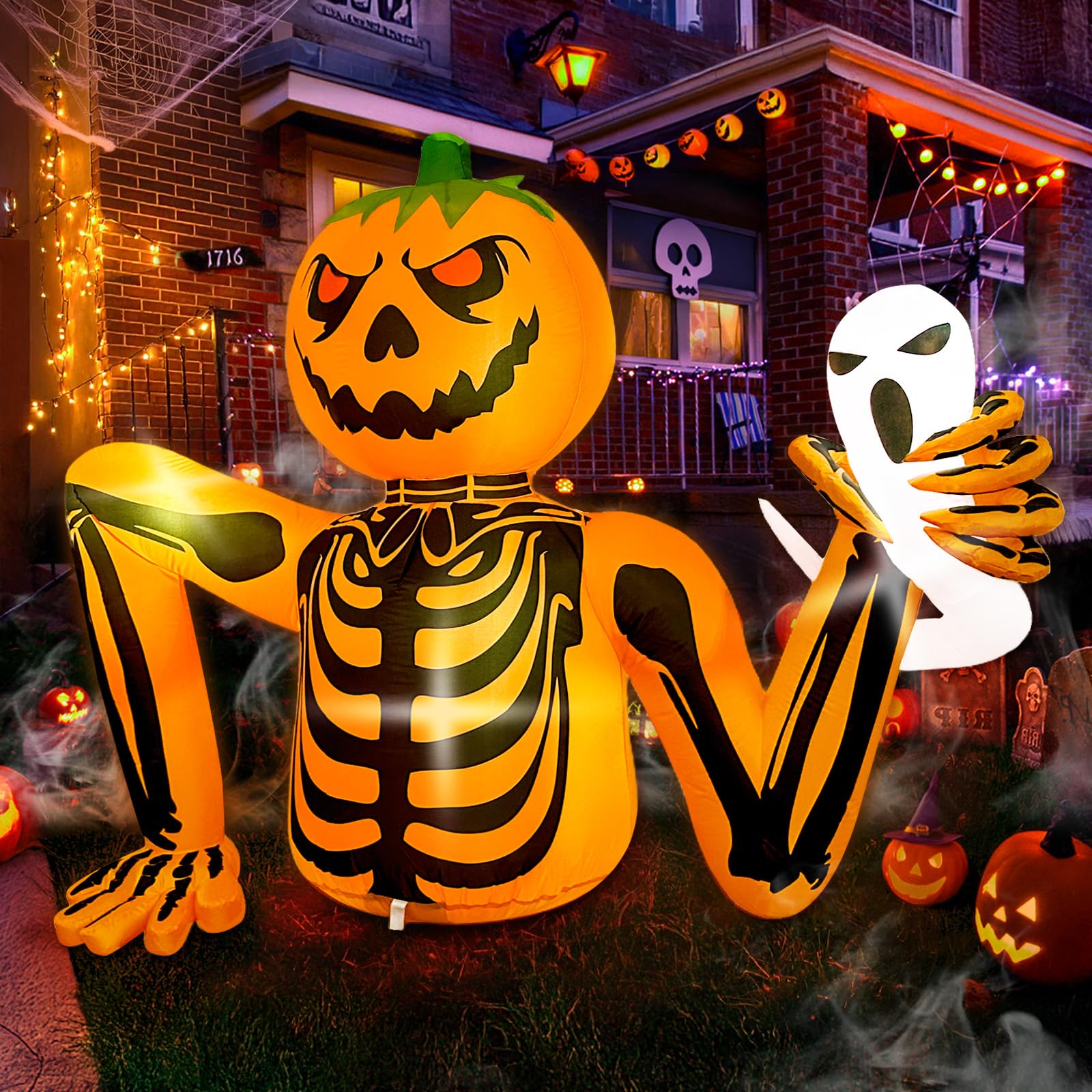 GUDELAK 5FT Halloween Inflatable Outdoor Decoration, Halloween Skeleton Pumpkin Inflatables Outdoor Decorations with LEDs, Halloween Blow Up Yard Decorations for Outside Lawn Garden Indoor Decor
