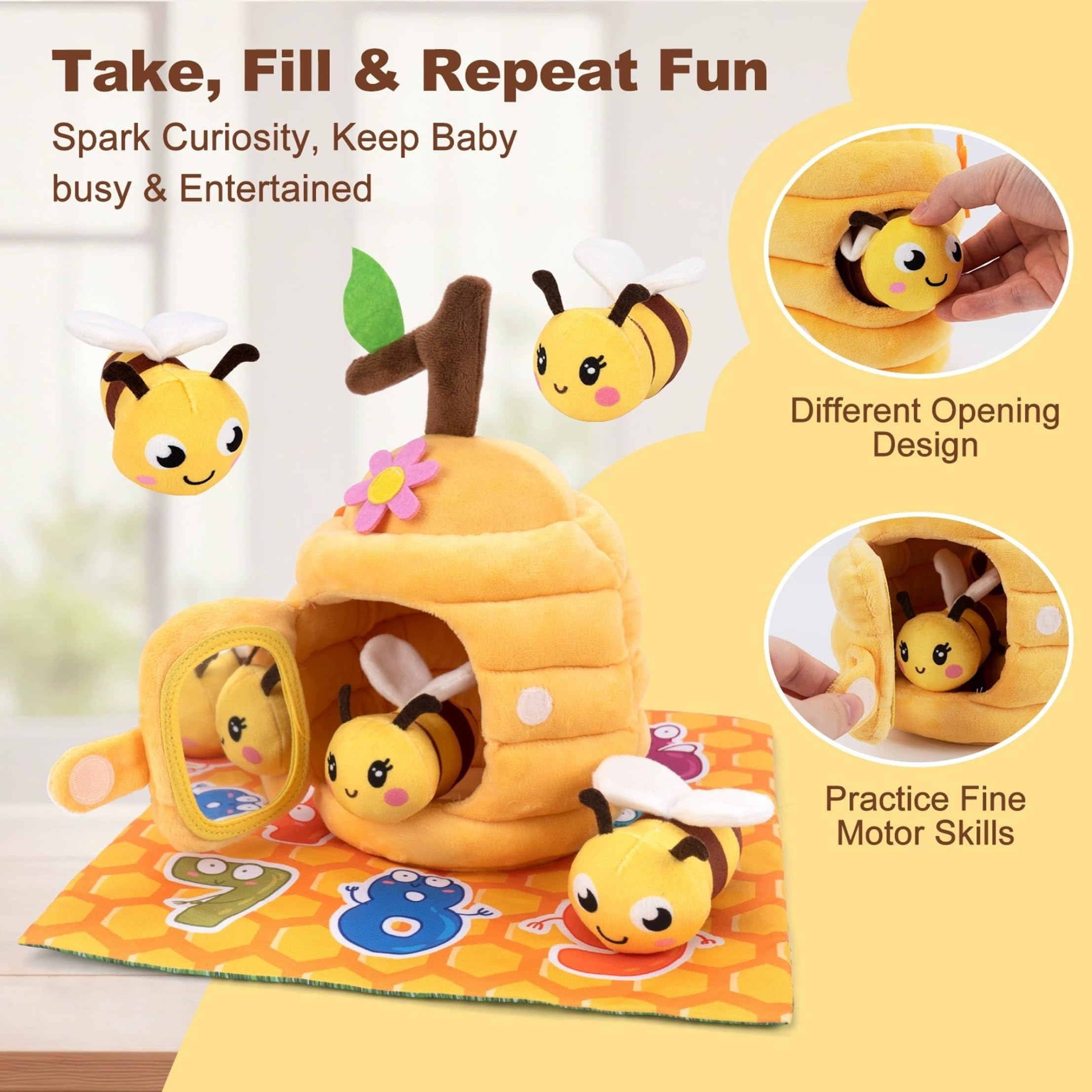 Giocattolo per, Set di Giocattoli per da 5 Pezzi, Giocattoli sensoriali Montessori per Bambini con fienile, sonaglio e Specchio, per Bambini per 1 Anno, Giallo