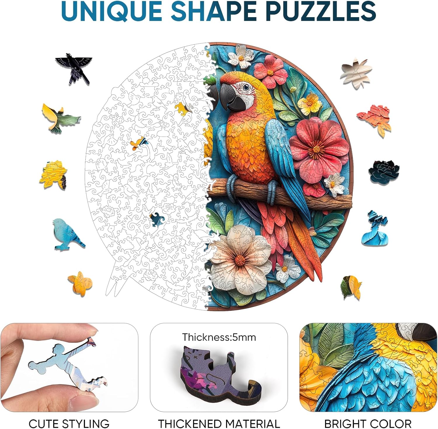 Mys Aurora Wooden Puzzles for Adults Round Parrots Jigsaw Puzzles, 500 Pieces 5MM Thick, Unique Shaped Colorful Bird Puzzle Family Game Gift for Adults and Kids, 16.2 x 16.5Inch