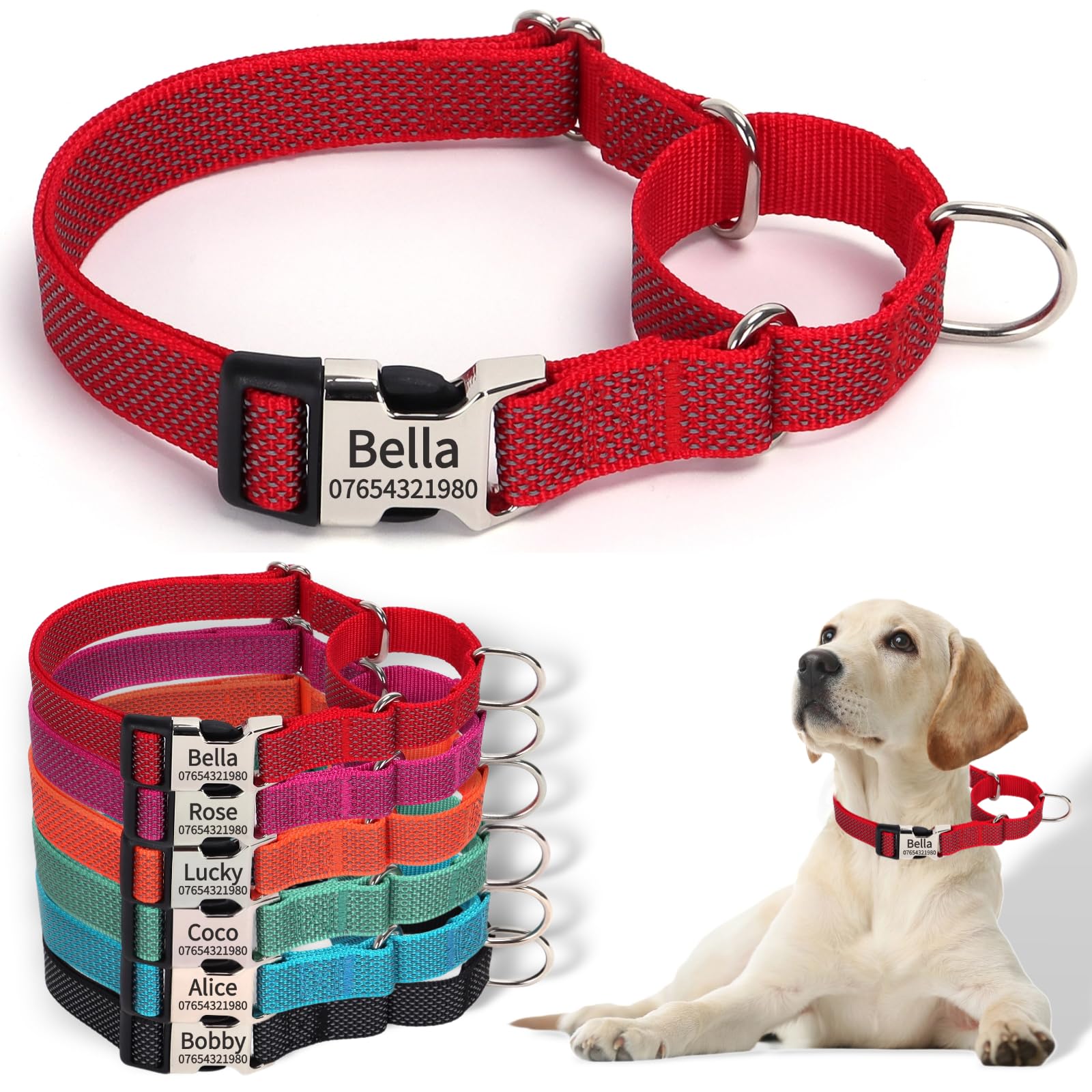 SEOUGEE Martingale Dog Collar Personalised, Reflective Nylon Escape-proof Anti-pull Dog Collars with Custom Engraved Metal Buckle, Walking Training Daily Used for Medium Dogs (M Red, 40-55cm)