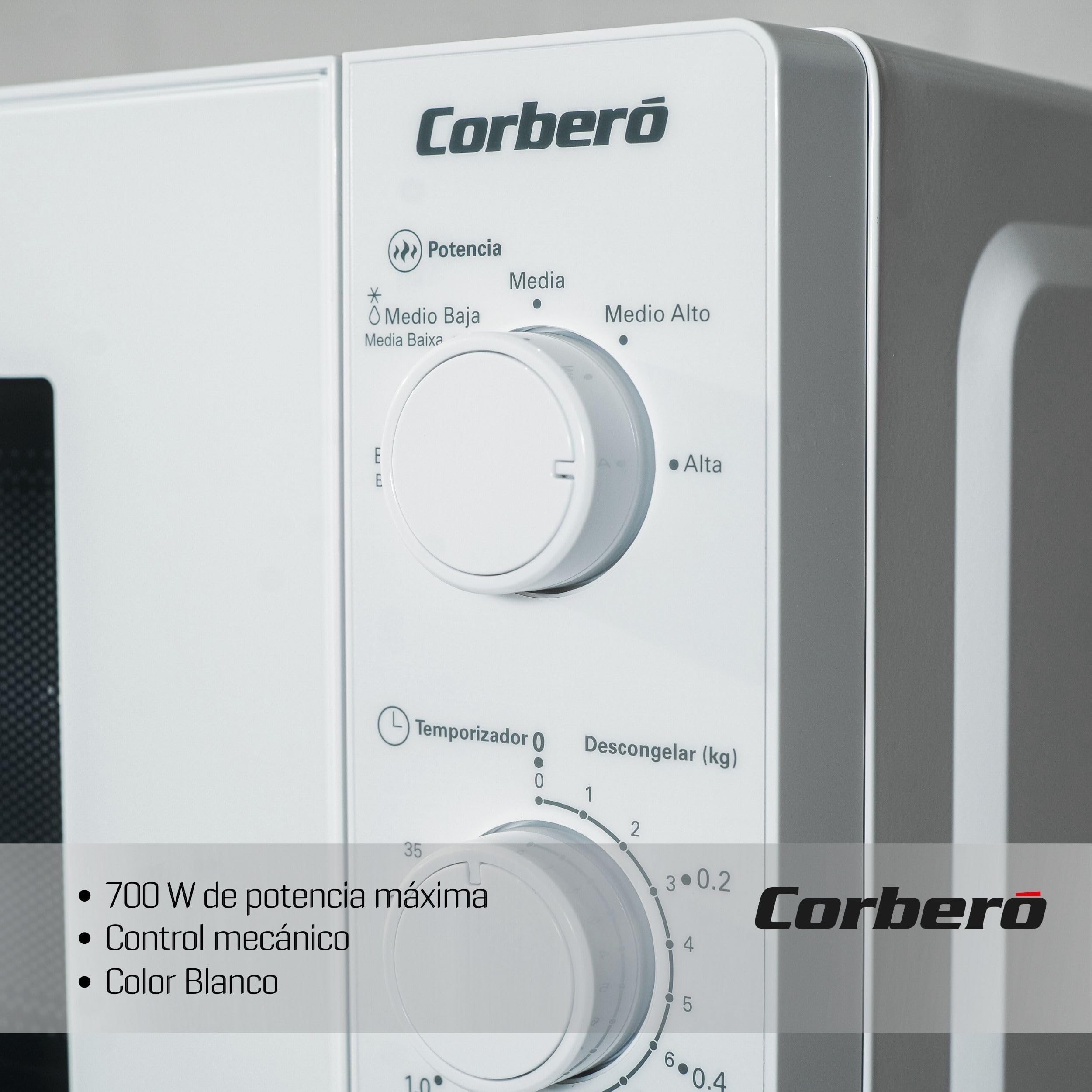 Corberó CMICM4020W magnetron met vrije installatie, dop, 20 l, wit, vermogen 700 W, ontdooien, 5 standen, mechanische bediening, temp. 35 min., draaiplateau 255