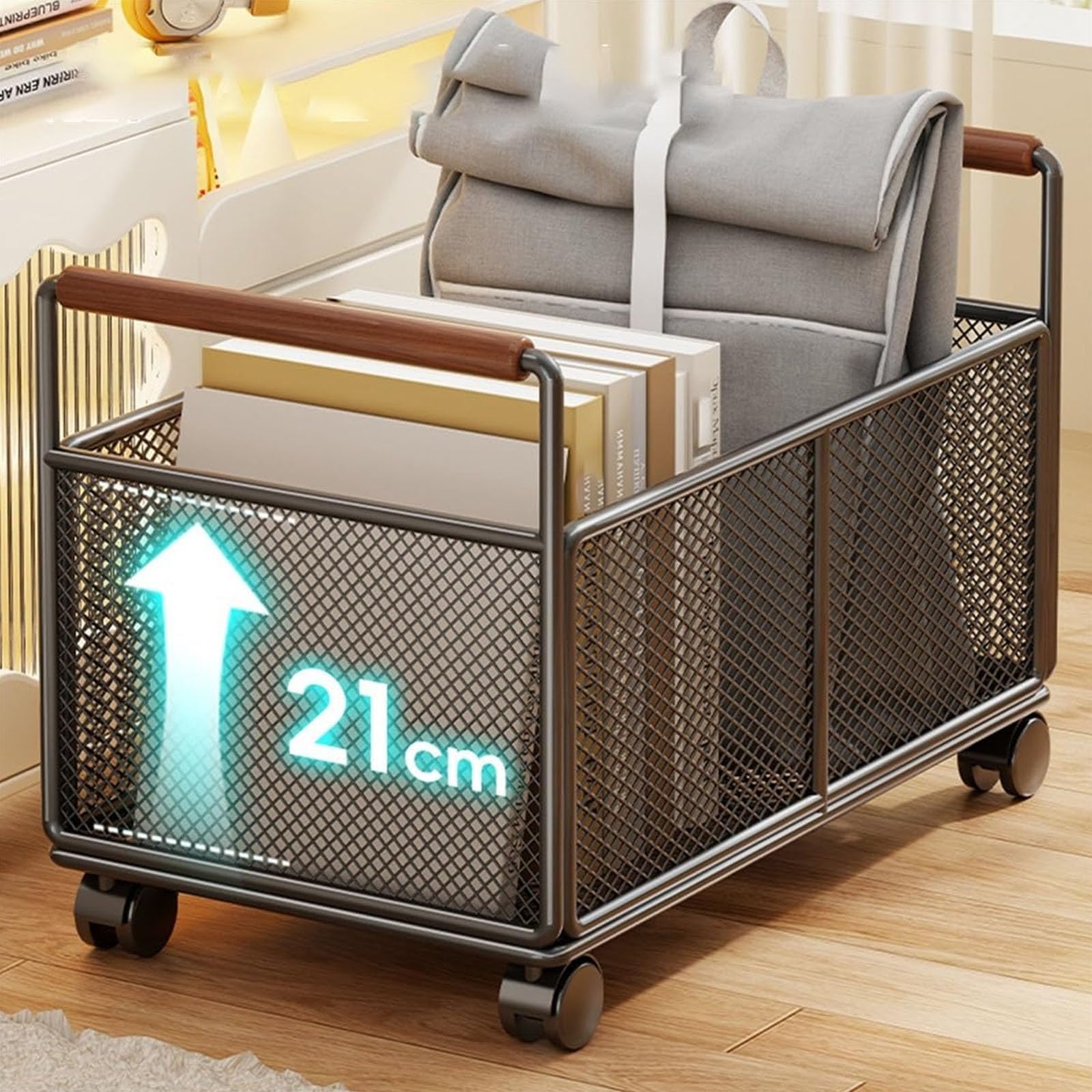 Mavoli Carrito De Almacenamiento De Rejilla Metálica con Ruedas Giratorias De 360° con Bloqueo, Asas De Madera, Organizador De Ventilación Abierta para Cocina, Sala De 48x30x30cm