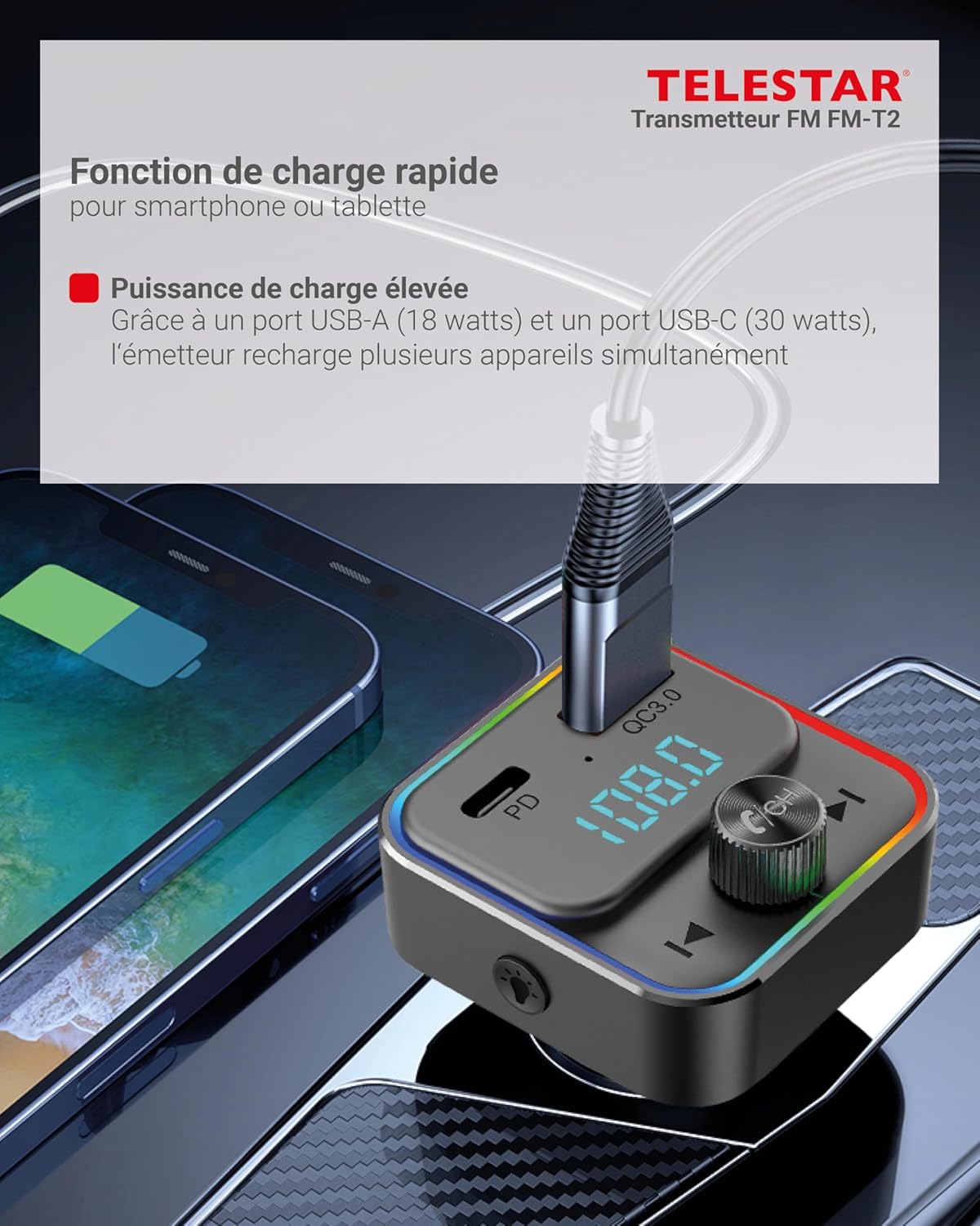 TELESTAR FM-T2 FM Transmitter charging a smartphone via its USB-C port.
