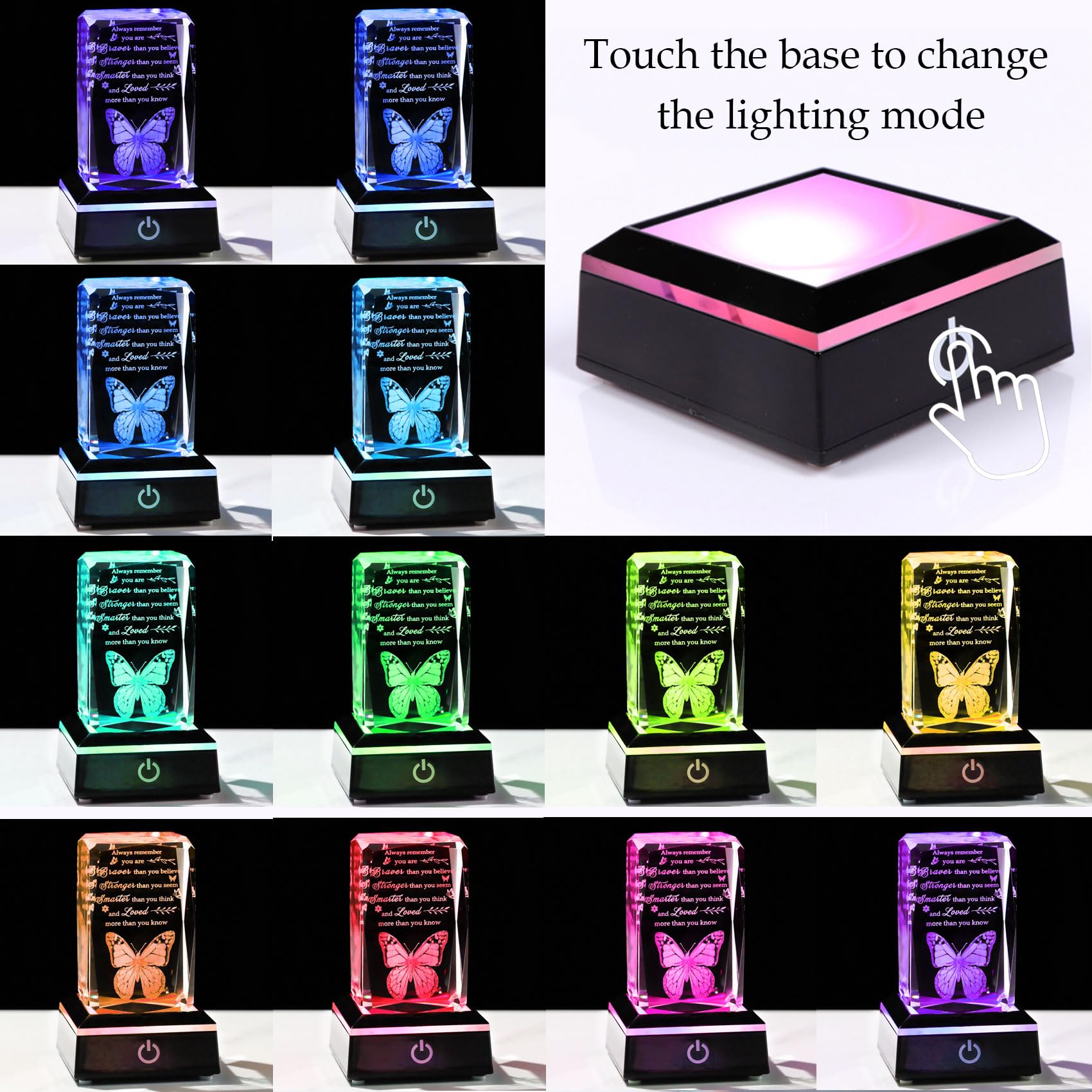 3D Crystal Butterfly LED Light - Inspirational Quote Glass Plaque With Color-Changing Base - View #8