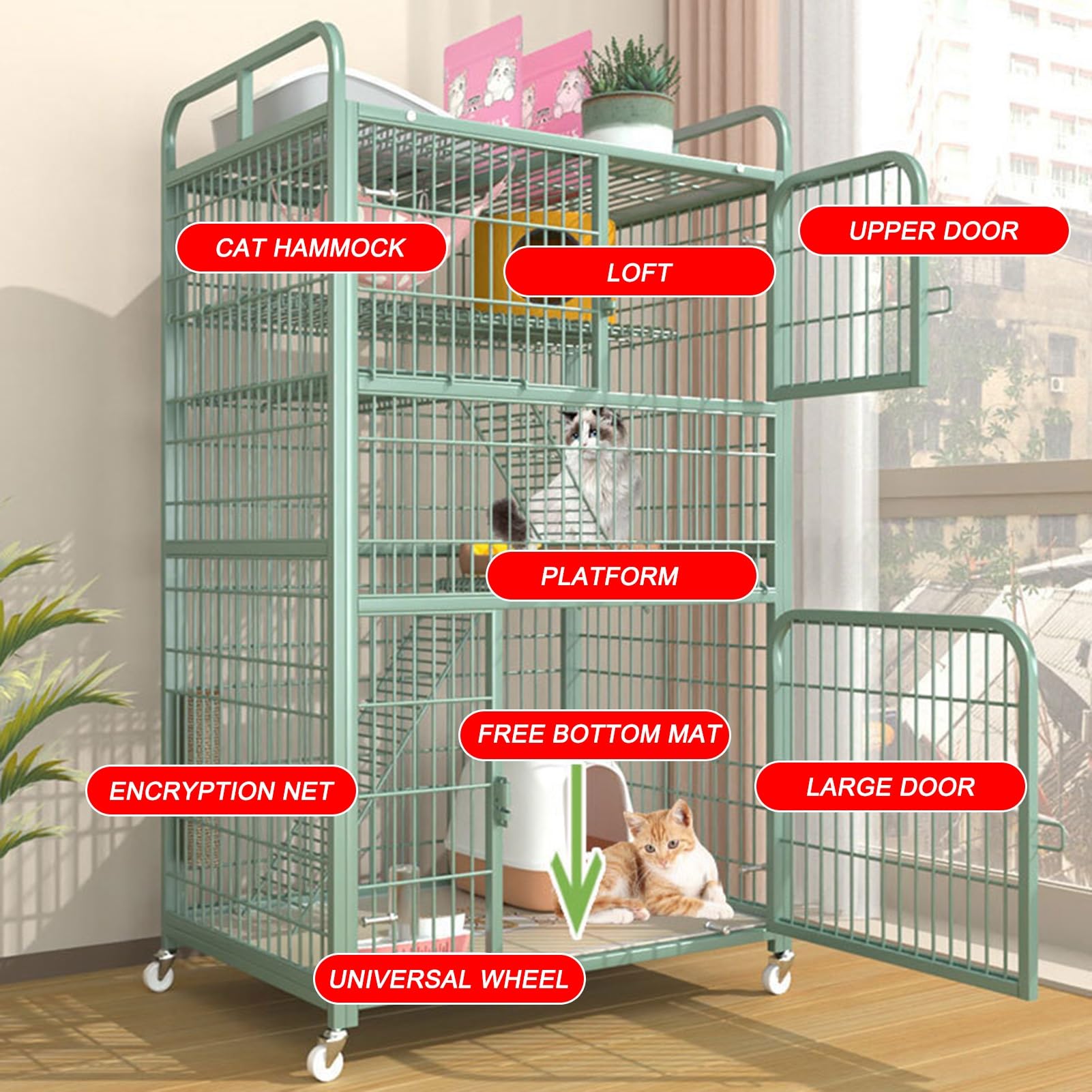 HARELA Jaula para Gatos, Parque de Metal para Gatos, Jaula para Gatos Grande Exterior/Interior, Perrera para 1-3 Gatos, Hurón, Conejo, Camping,Verde(70 * 55 * 112cm)