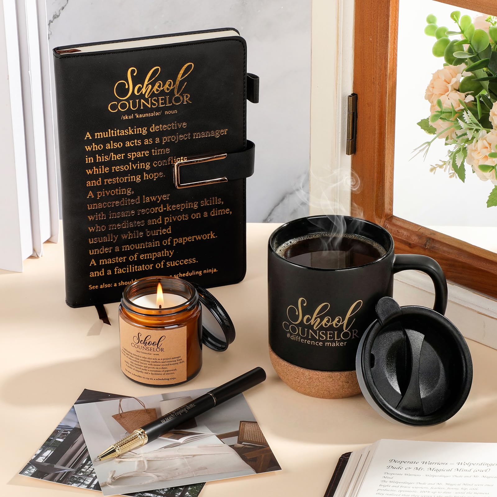 Didaey 4 Pcs School Counselor Appreciation Gifts Included Ceramic Cup Scented Candle A5 Notebook Ballpoint Counselor Office Must Haves Thank You Appreciation Gifts for High School Educator Teacher
