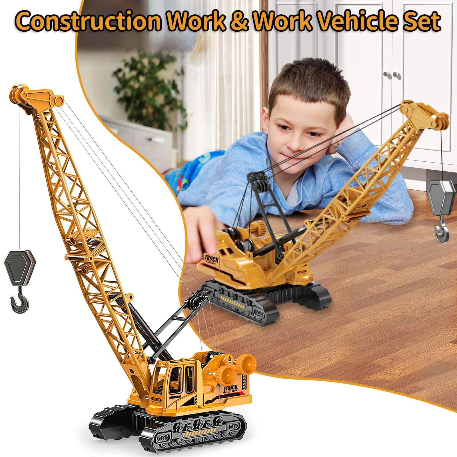 Hymaz Grue en métal ABS moulé sous pression, véhicules de construction en métal avec bouton de levage manuel, jouet pour garçons de 3 à 8 ans, 9 à 12 ans, convient comme cadeau de Noël et