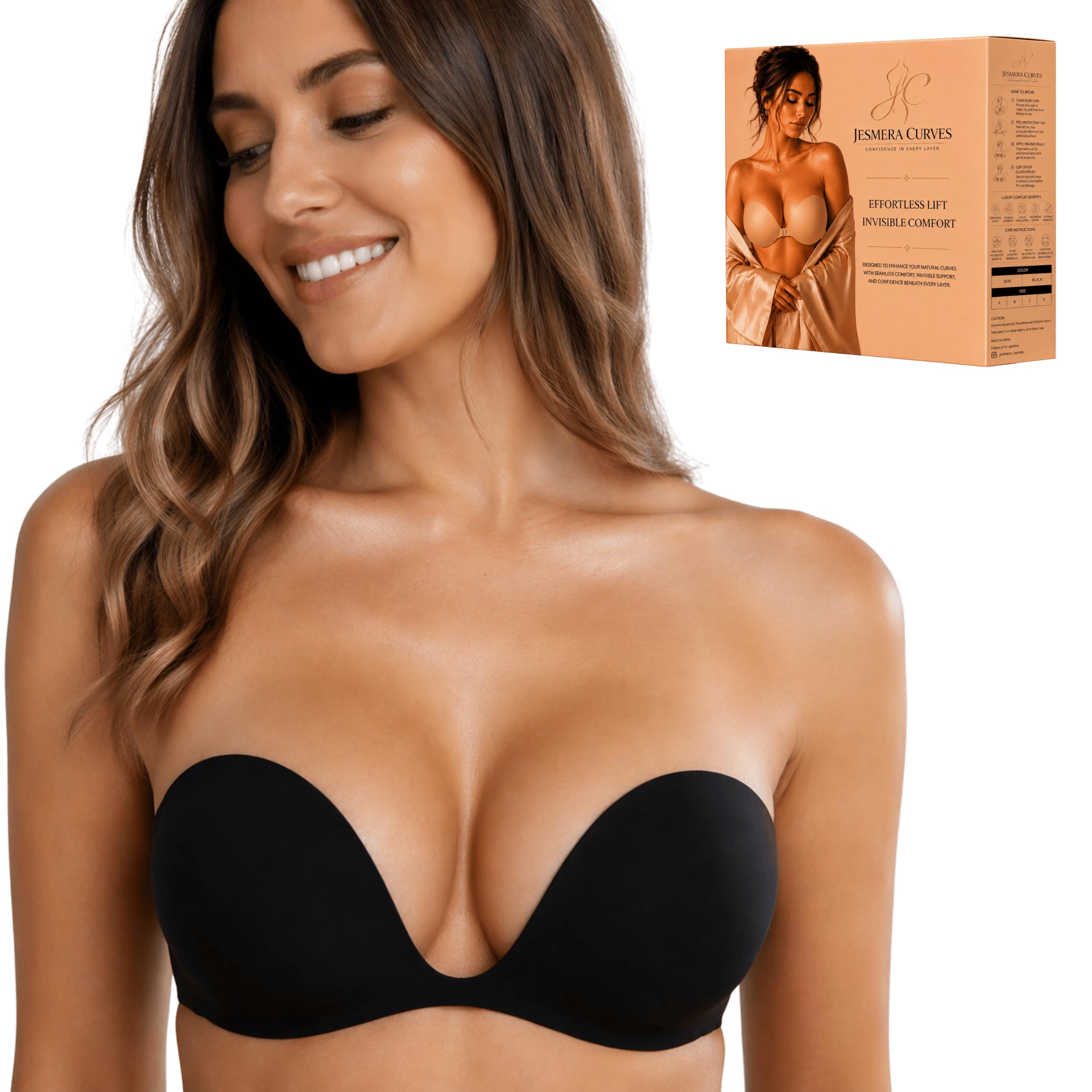 Deep Plunge Strapless Adhesive Bra Women Seamless Backless Push Up Bra Reusable Sticky Cups Wireless Comfort Support for Low Cut Dresses Evening Gowns Party Outfits Multicolour-image-16