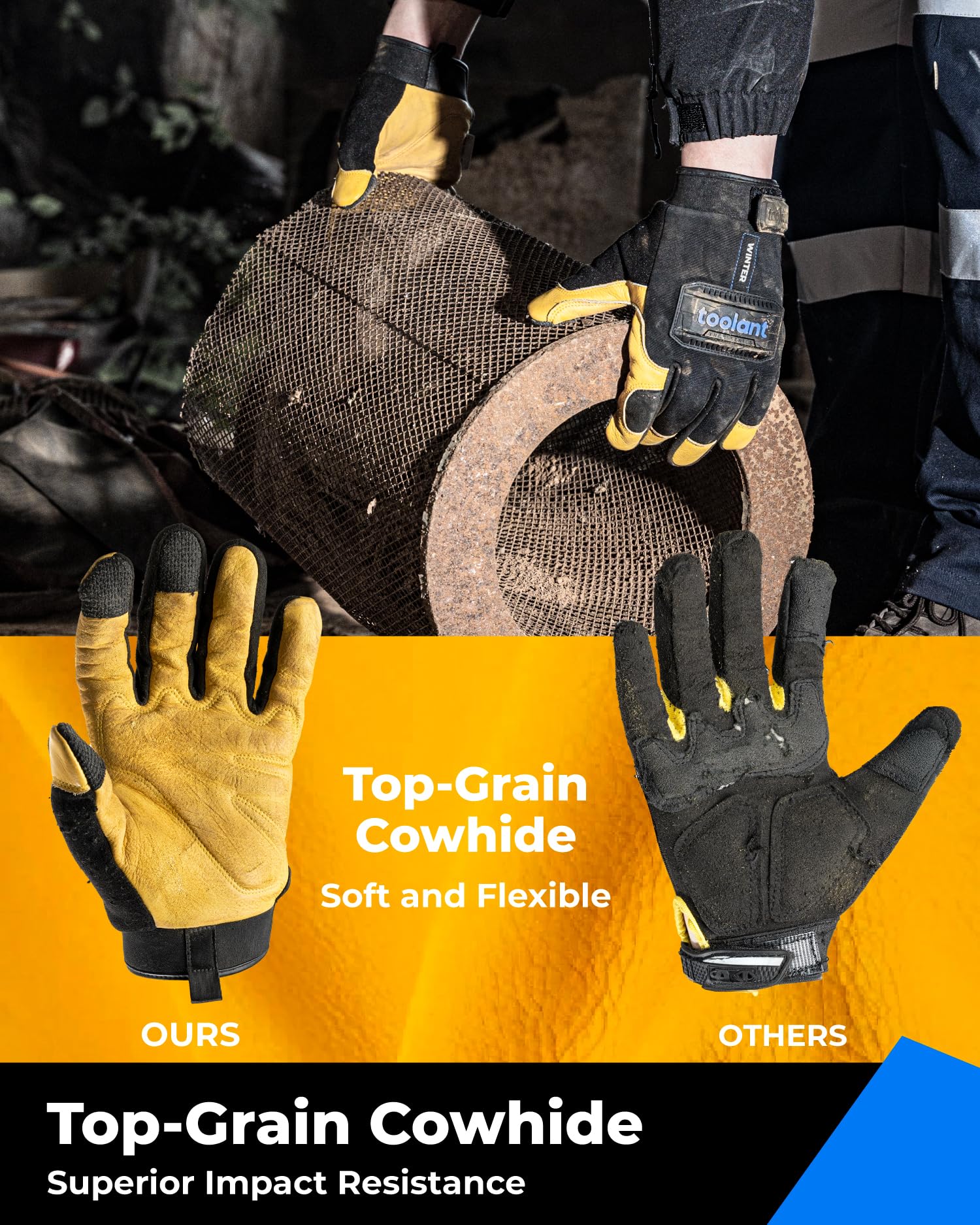 toolant Gants de travail d'hiver imperméables pour hommes, gants en cuir épais avec haute dextérité, doublure 3M, écran tactile, protection contre les chocs