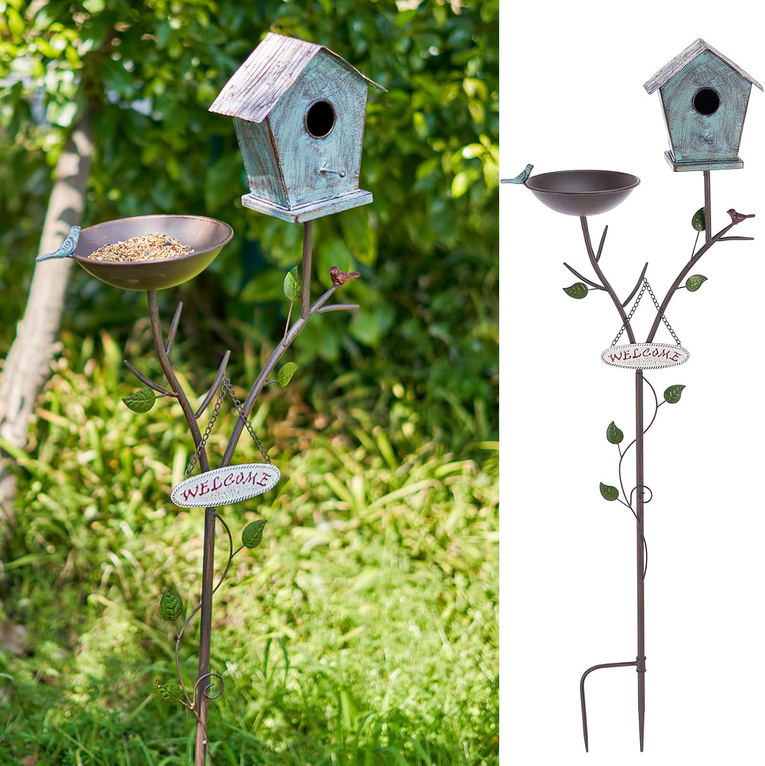 Bird Baths and BirdHouses with Pole, Distressed Metal Bird