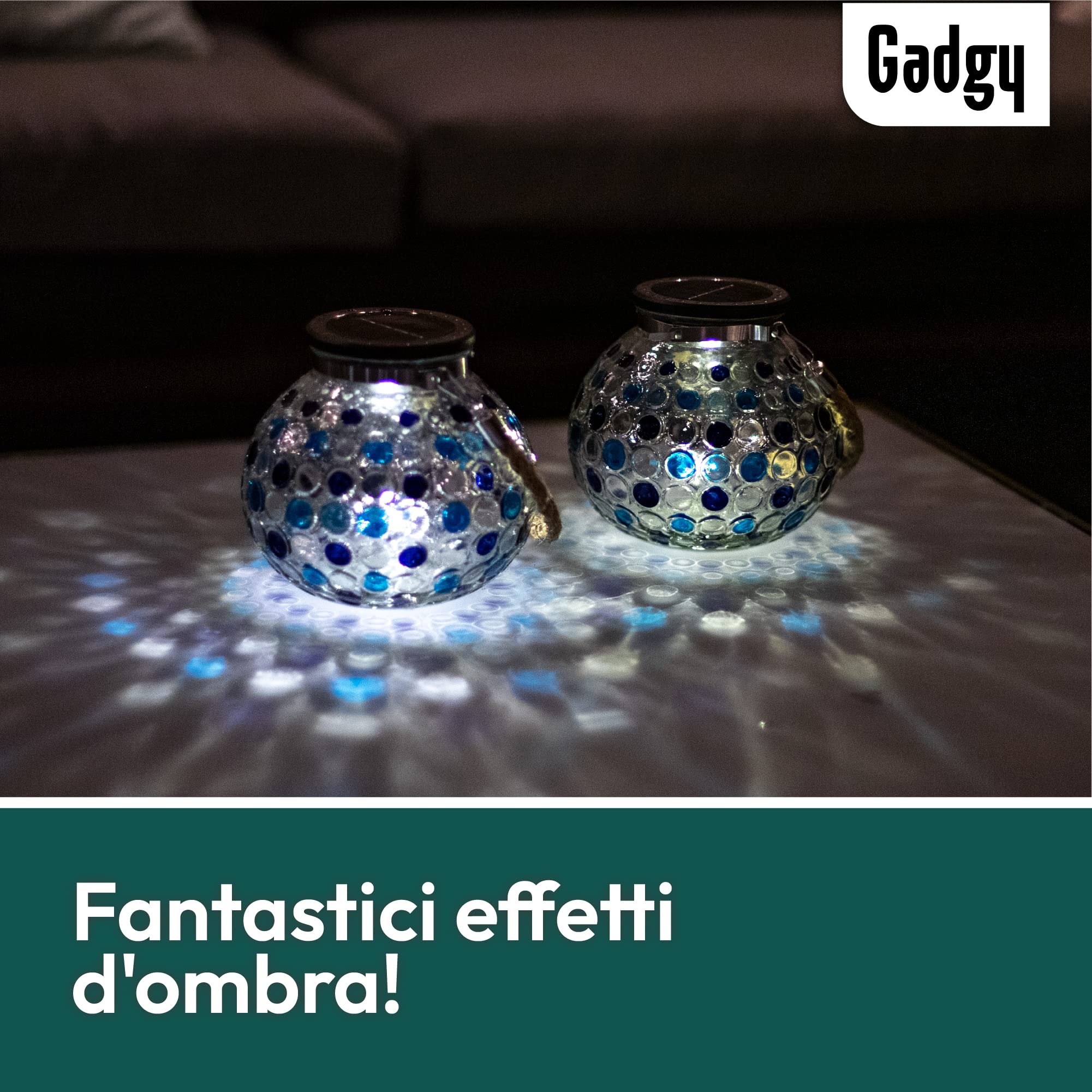 Gadgy ® Set 2 Lanterne Solari in Vetro a Mosaico Effetto Blu o Rosso | Lampada Solare LED da Esterno/Interno Sensore Crepuscolare | Pannello Solare e Batteria Inclusi (Blue)