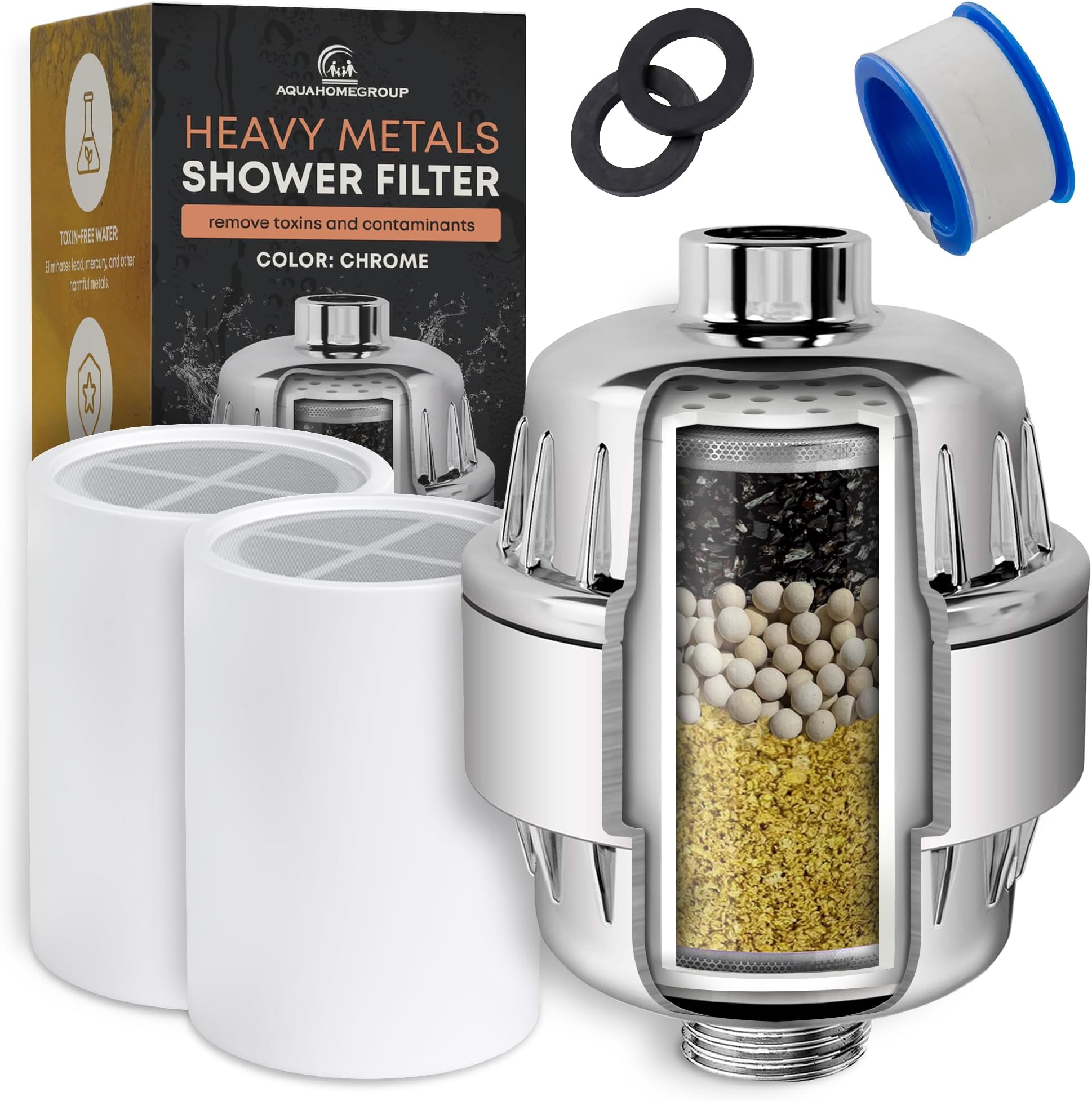 AquaHomeGroup Heavy Metals Shower Filter (2 Cartridges Included) – Removes Lead, Mercury & Impurities – 4-Stage High-Pressure Filtration with KDF 55, Zeolite & Activated Carbon – Universal Fit