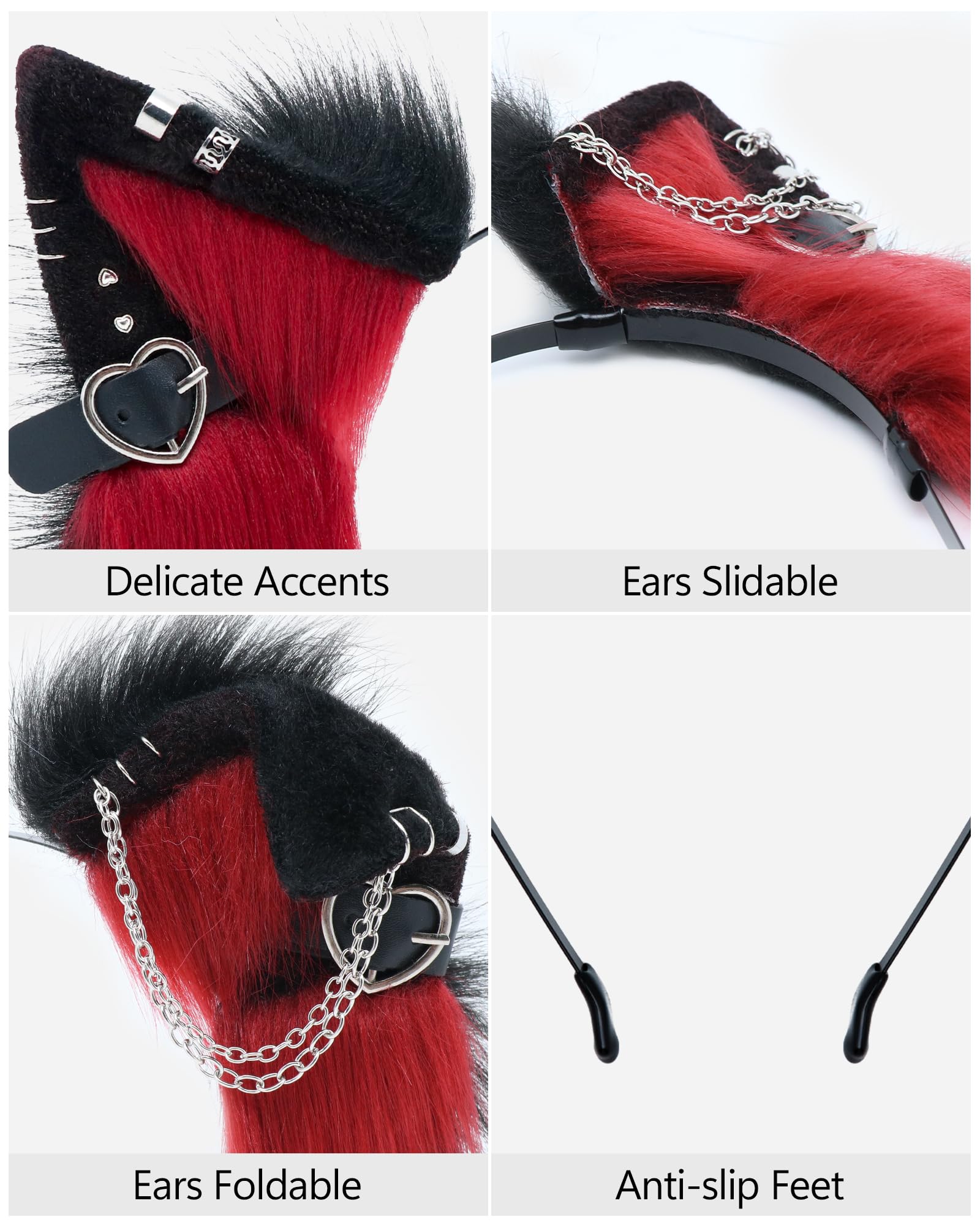 ZFKJERS Handmade Faux Fur Cat Ear Headband with Charms Cosplay Accessory for Halloween (Red Black) - Image 2