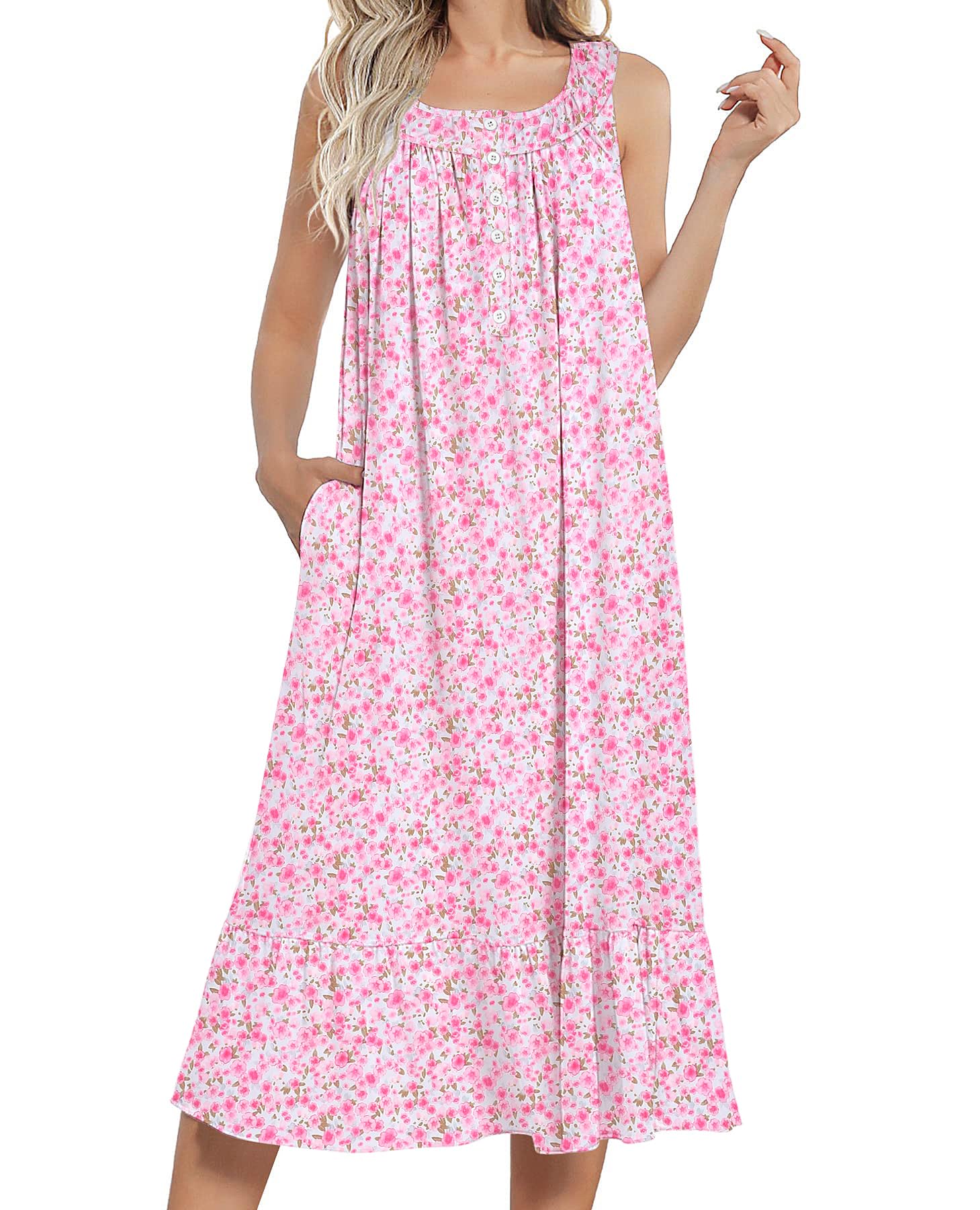 Ekouaer Women's Nightgowns Long Sleeveless Night gown with Pockets Soft Ladies Nightdress