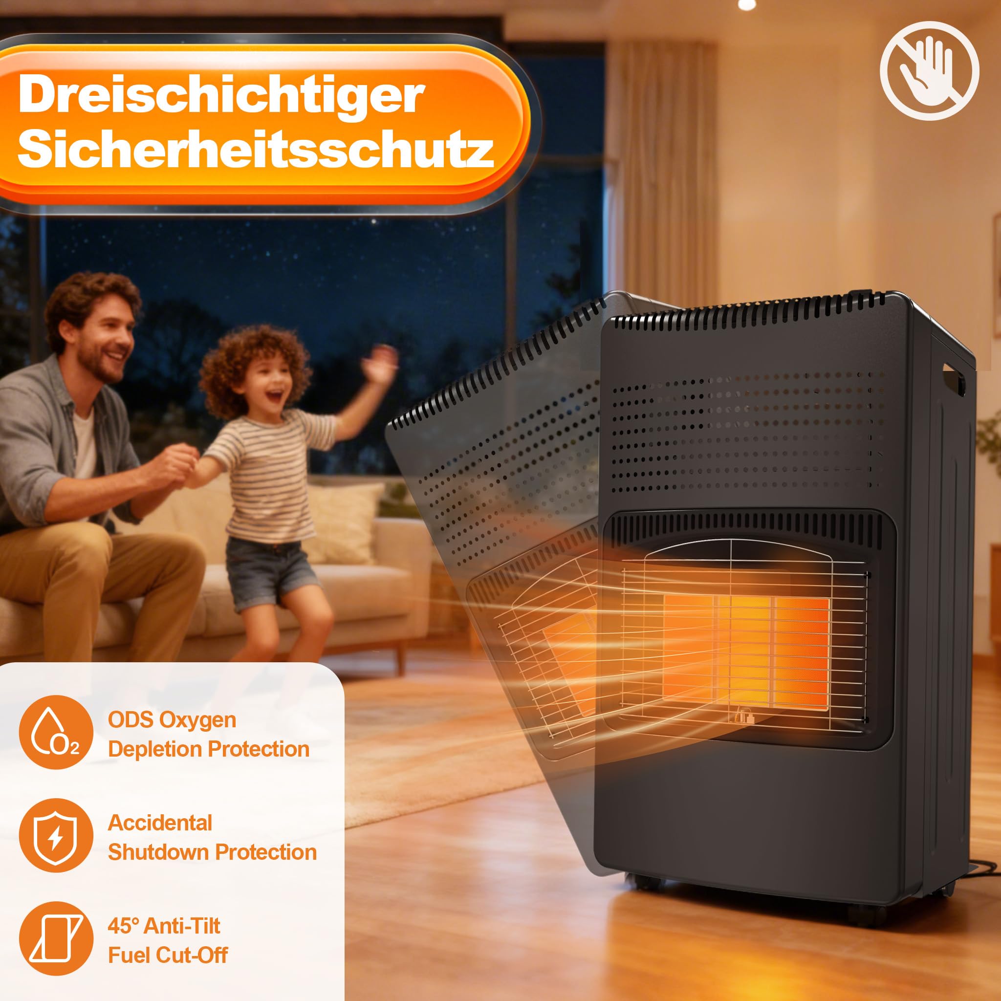 FIVMEN Gasheizung für Innenräume 4200W Keramik Gasheizer Heizstrahler 3 Heizstufen Gas Heizung Gasofen Gasheizgerät inkl. Griff, Rad & Gasschlauch bis 12 kg, Schwarz