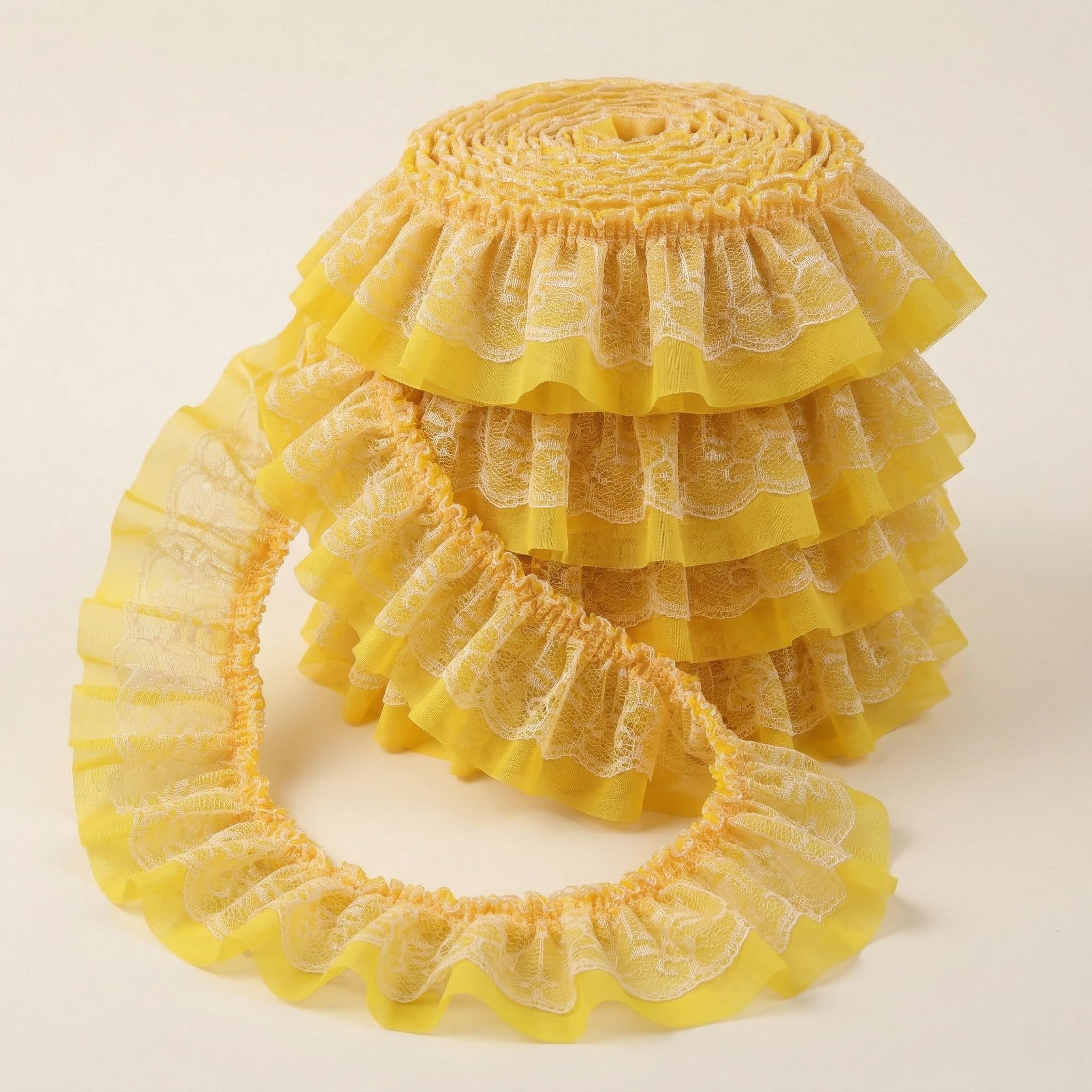 GXTIZAS Yellow Lace Ruffle Ribbon Double-Layer Pleated Chiffon 6cm Wide Lace Elastic Trim Wrinkle-Free Boxed for DIY Sewing, Clothing, Pillowcase Decoration(5yards)
