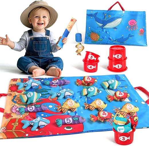 jerryvon Juguetes Niños 1 Año Montessori -Juego Pesca 6-12 Meses, Juguete Bebe 1 año Juegos Educativos de Tela，Regalo Bebe 1 año para Cumpleaños (15 Peces Tela, Cubos Apilables, Bolsa)