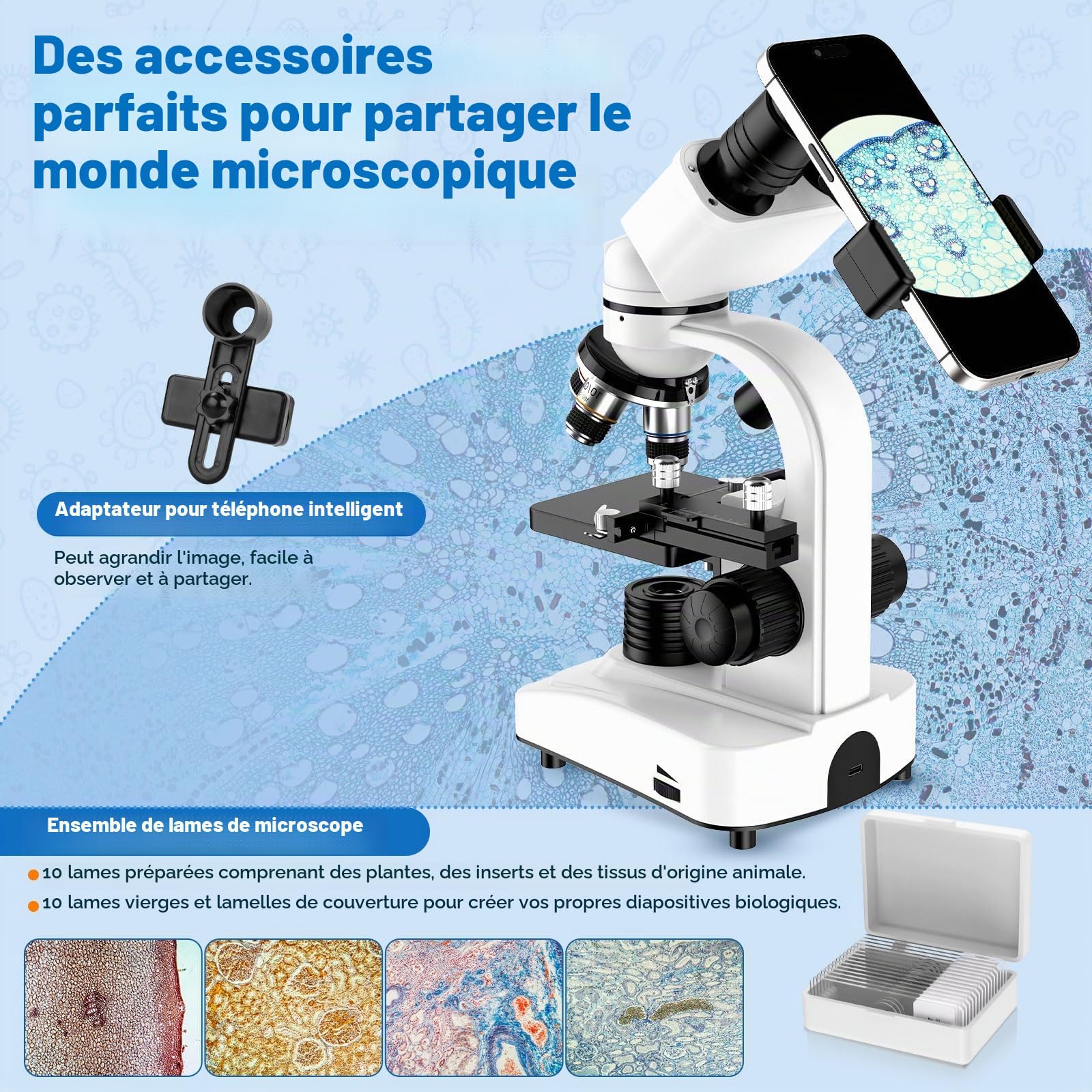 Microscope Binoculaire Composé Professionnel 40X-1000X pour Enfants Adultes | Microscope avec Platine Mécanique Double LED Adaptateur Smartphone Mallette Transport pour Étudiant Laboratoire École Maison