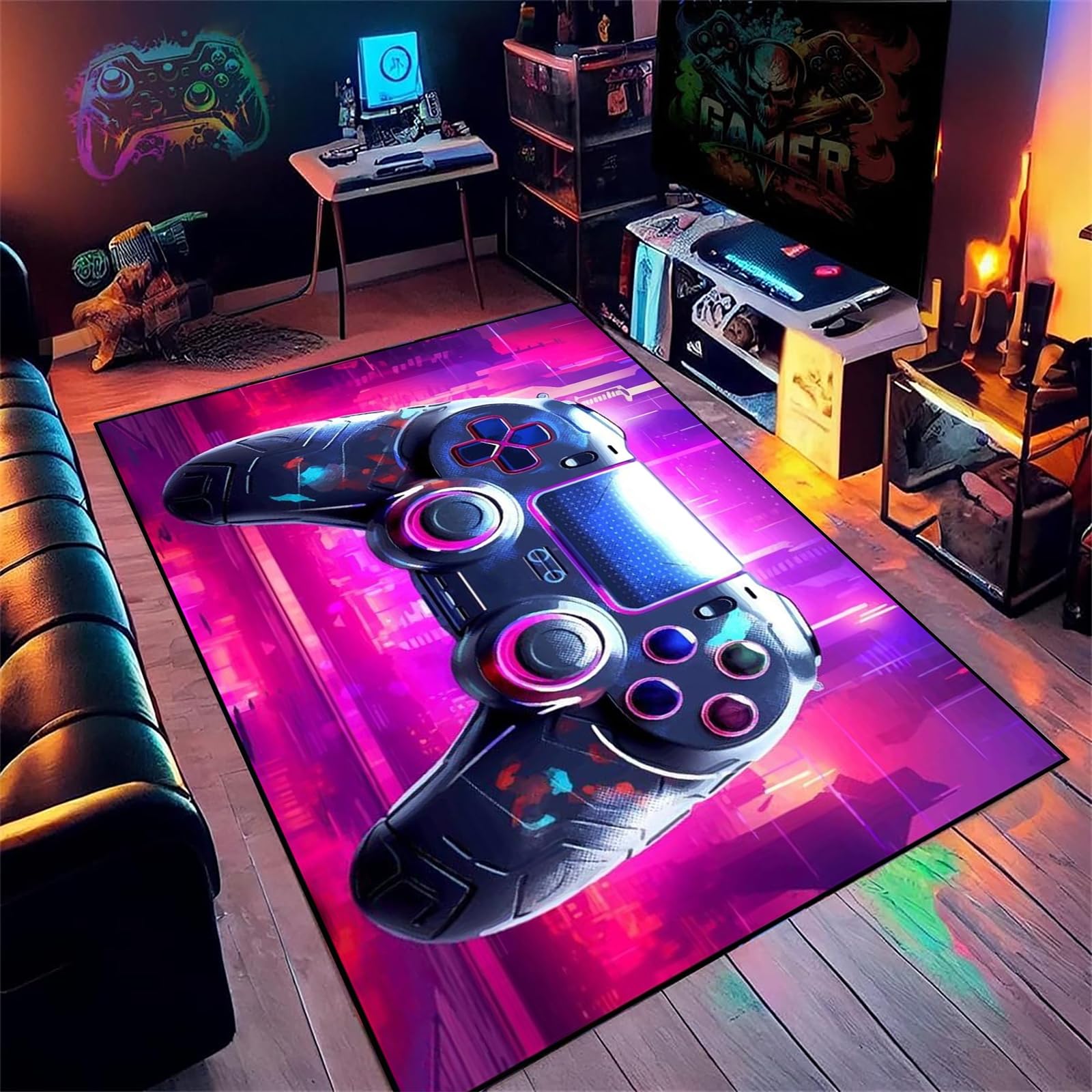 AOESELN 3D Colorful Area Rug,160x200cm Black Gamepad Rug,Cool Rugs for Gaming Room,Boys Kids Gaming Carpet,Soft Machine Washable Non-Slip Mat,for all Indoor Places