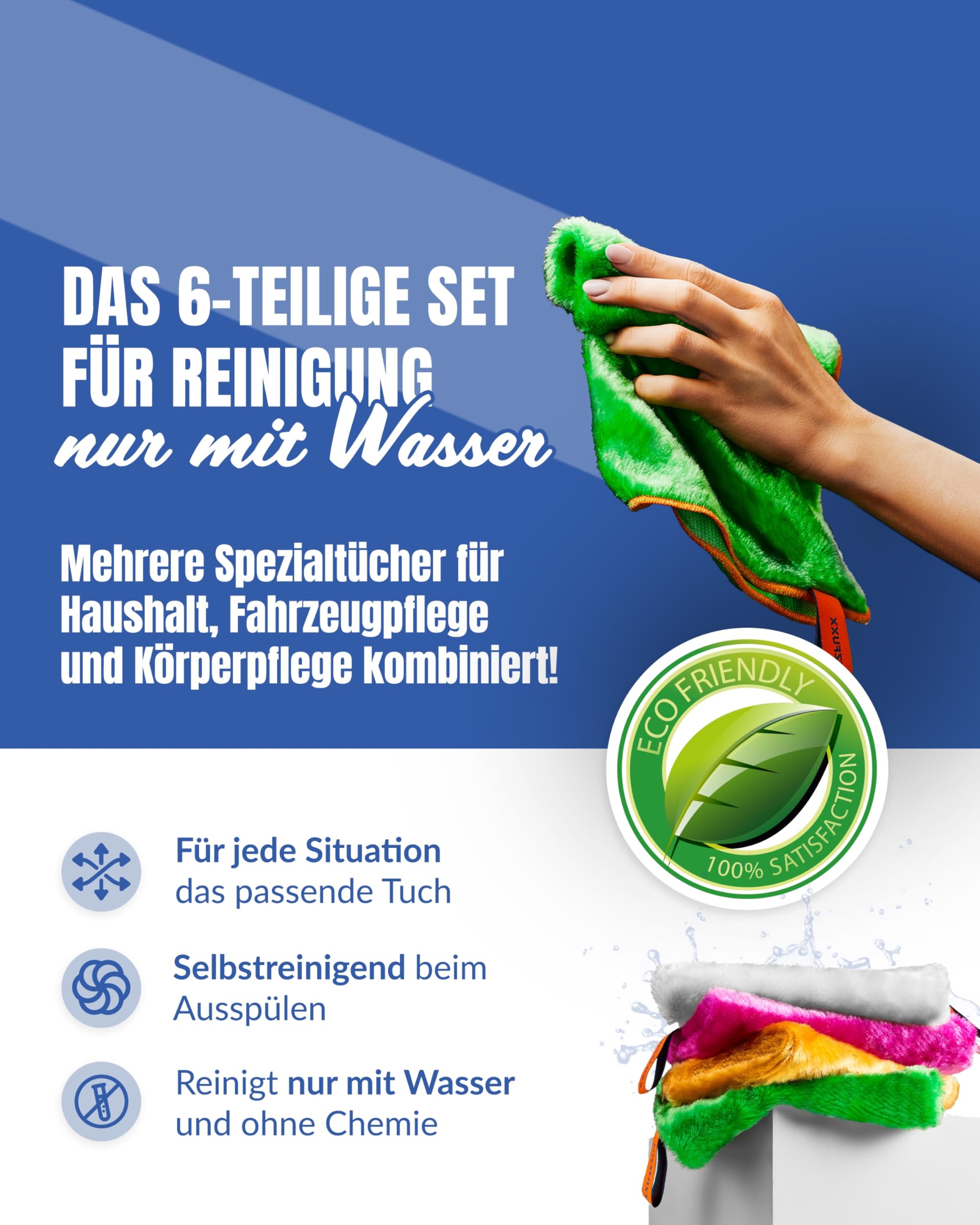 Haushalt & Camping Set 6-teilig, selbstreinigend, Garda | Campingset, Wohnmobil, Komplettset, Reiseset, Reinigungstuch, Waschhandschuh, Poliertuch, ohne Chemie, nachhaltig, Outdoor