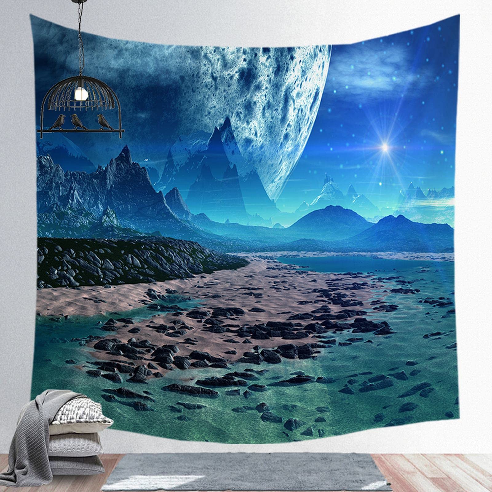 Isdreem Tapestry Japanese Extra Large Wall Nature Sci-Fi Giant Moon Landscape Covering Designs Tapestries for Bedroom Boys Blue Hanging Blanket Fabric Art Decorations 100x70cm