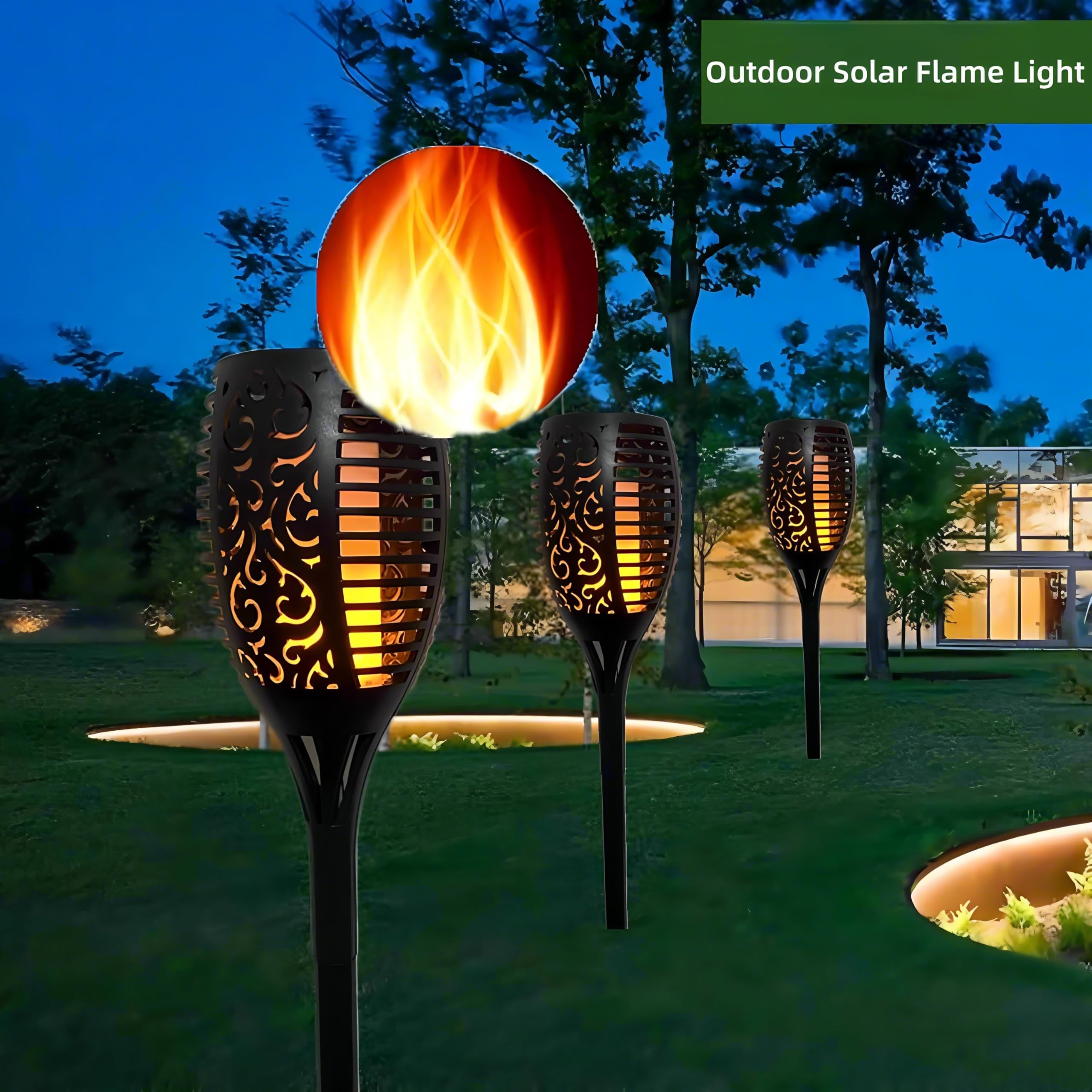 Paquete de 4 luces solares de llama para exteriores, luces solares para decoración de jardín con llama parpadeante, IP65 impermeables, luces solares para patio, decoración de camino (blanco cálido)