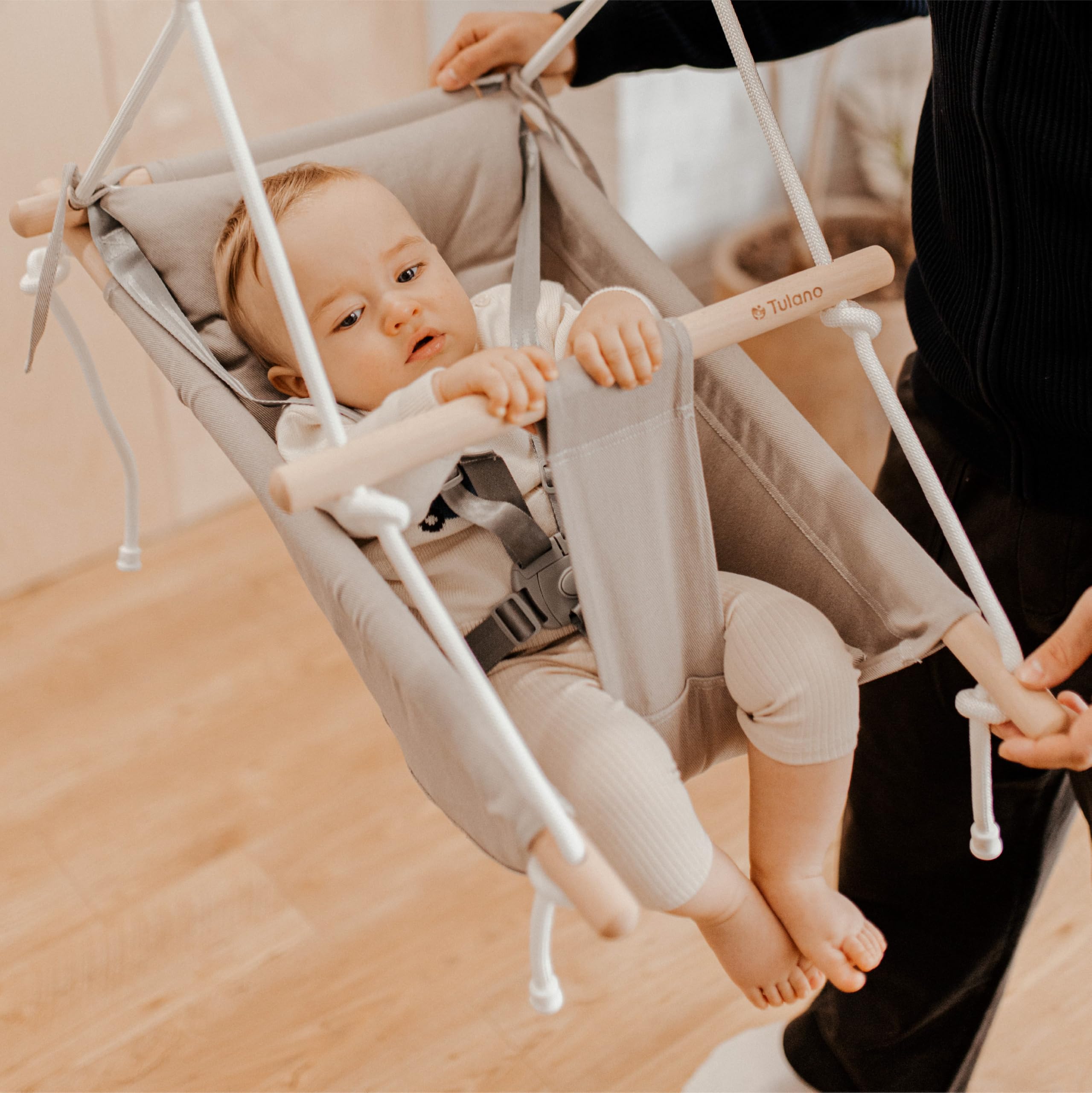 Tulano Hop 40 Altalena per bambini 3in1 - Altalena sospesa e seggiolino in cotone e legno - Dai 6 mesi - Imbottitura sicura - Portata 60 kg - Per interno ed esterno - Grigio