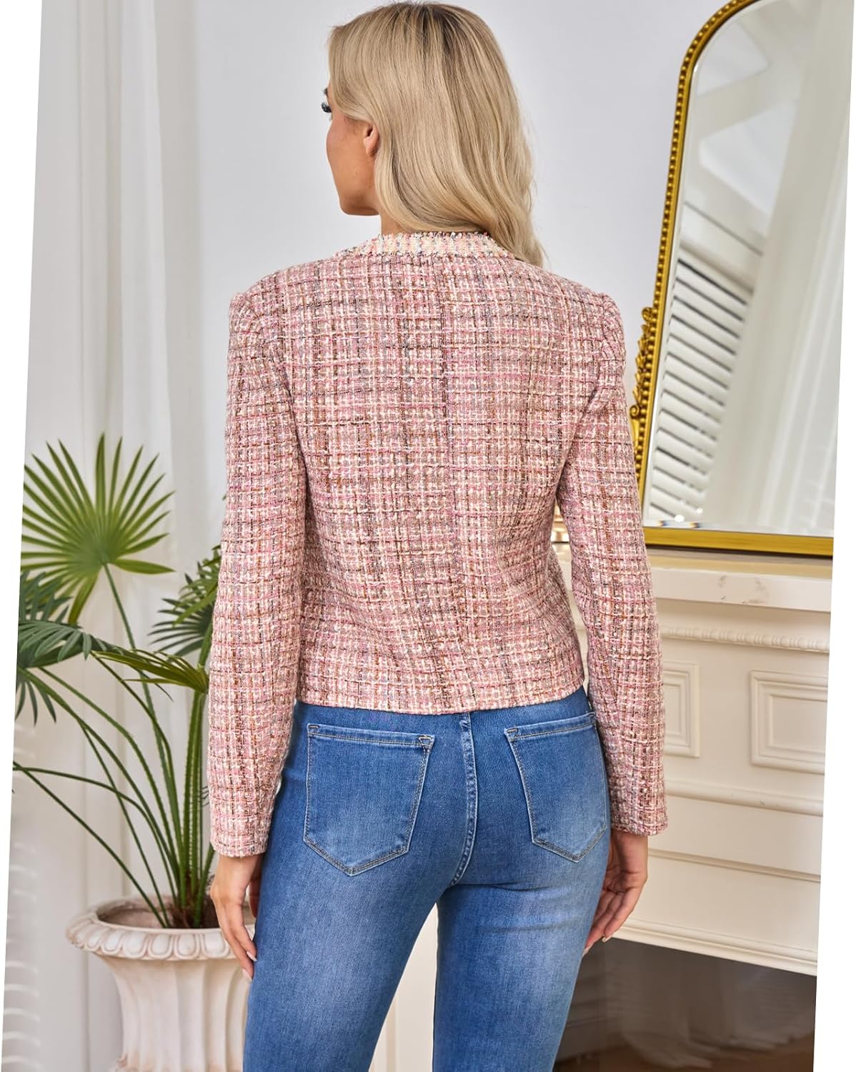 Xaspee Women's Tweed Blazers Cropped Long Sleeve Crewneck Open Front Lace Trim Lightweight Plaid Work Blazer Jackets - Image 7