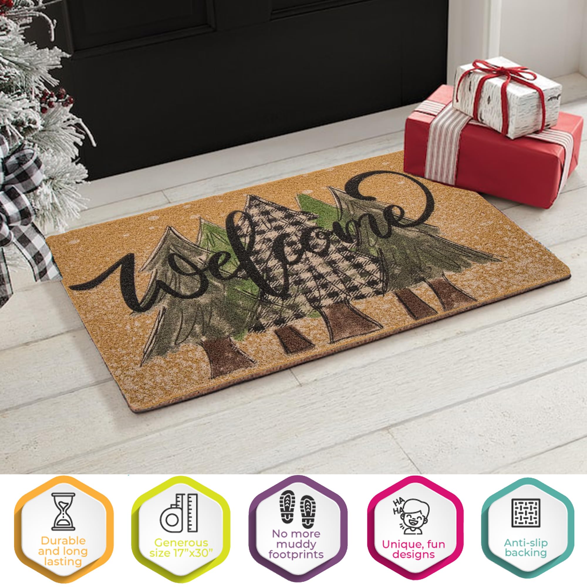 UTOWO Paillasson de bienvenue antidérapant avec imprimé forêt de pins - Tapis d'entrée enneigé - Tapis de Noël au pays des merveilles - 43,2 x 76,2 cm