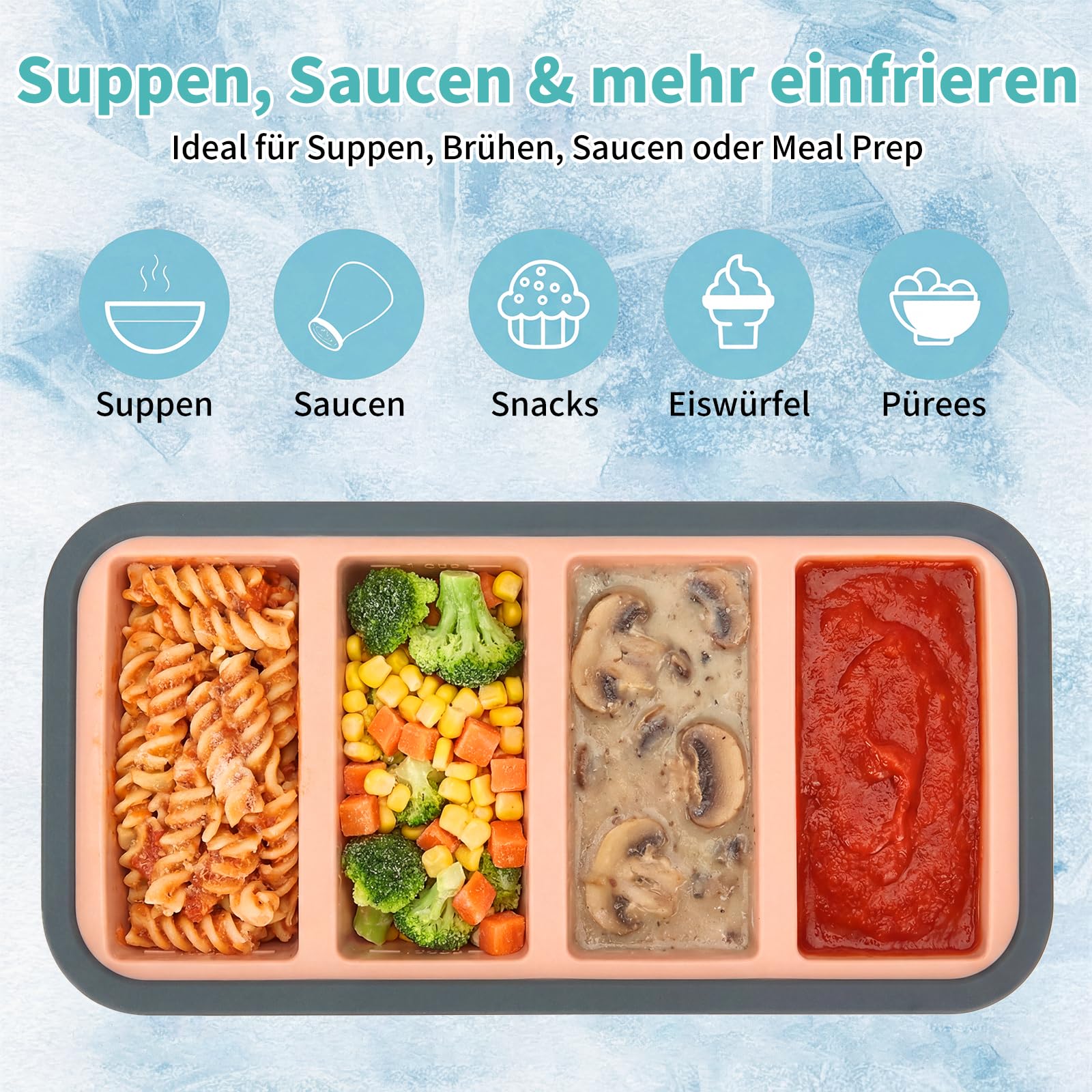 Silikonowy pojemnik z pokrywką, zestaw 3 szt., po 4 komory, na zupę, bulion, sosy i meal prep, podziałka 125/250 ml, wzmocniona krawędź, BPA free, sztaplowany