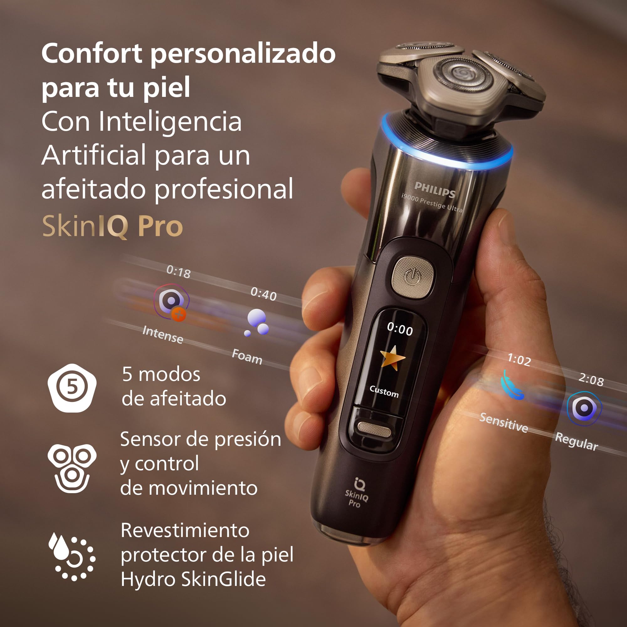 Philips i9000 Prestige Ultra, Afeitadora Eléctrica Hombre, Máquina de Afeitar Barba en Seco y Mojado, Tecnología SkinIQ Pro, Base de Carga, Recargable, Estuche Premium, Centro de limpieza, XP9405/31