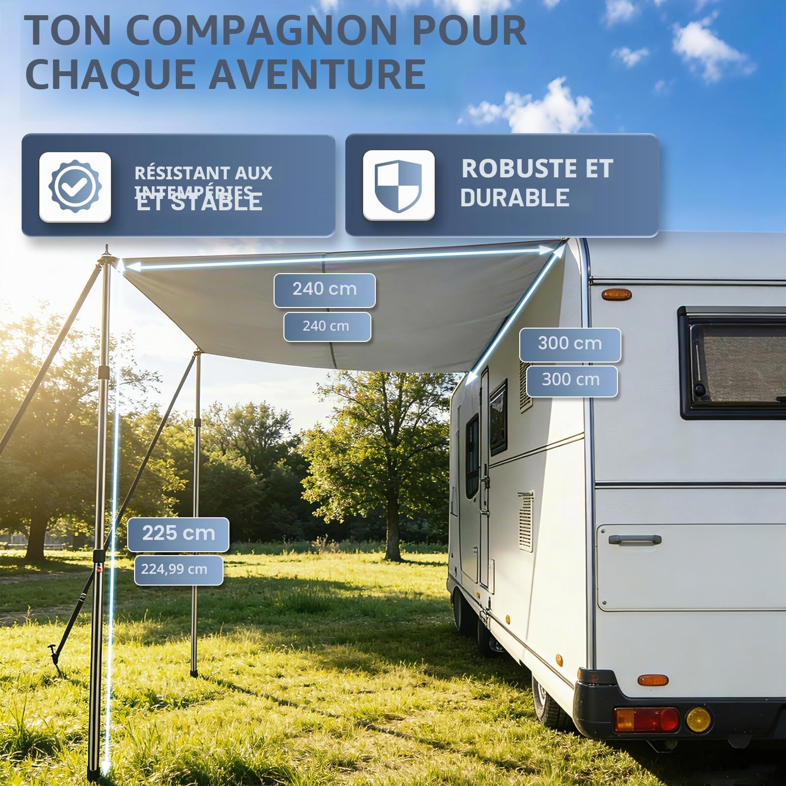 Voile d'ombrage avec Bande passepoilée, auvent de Bus, auvent de Voiture, Caravane, Fourgon, Camping Car 3x240m, Rail Auvent(4.6-7mm), ÉTanche et RÉSistant aux UV