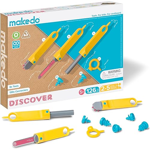 Makedo Discover | Upcycled Cardboard Construction Tool Kit in Small Toolbox (126 Pieces) | STEM + STEAM Educational Toys for at Home Play + Classroom Learning | Reusable Tools for Boys & Girls Age 5+