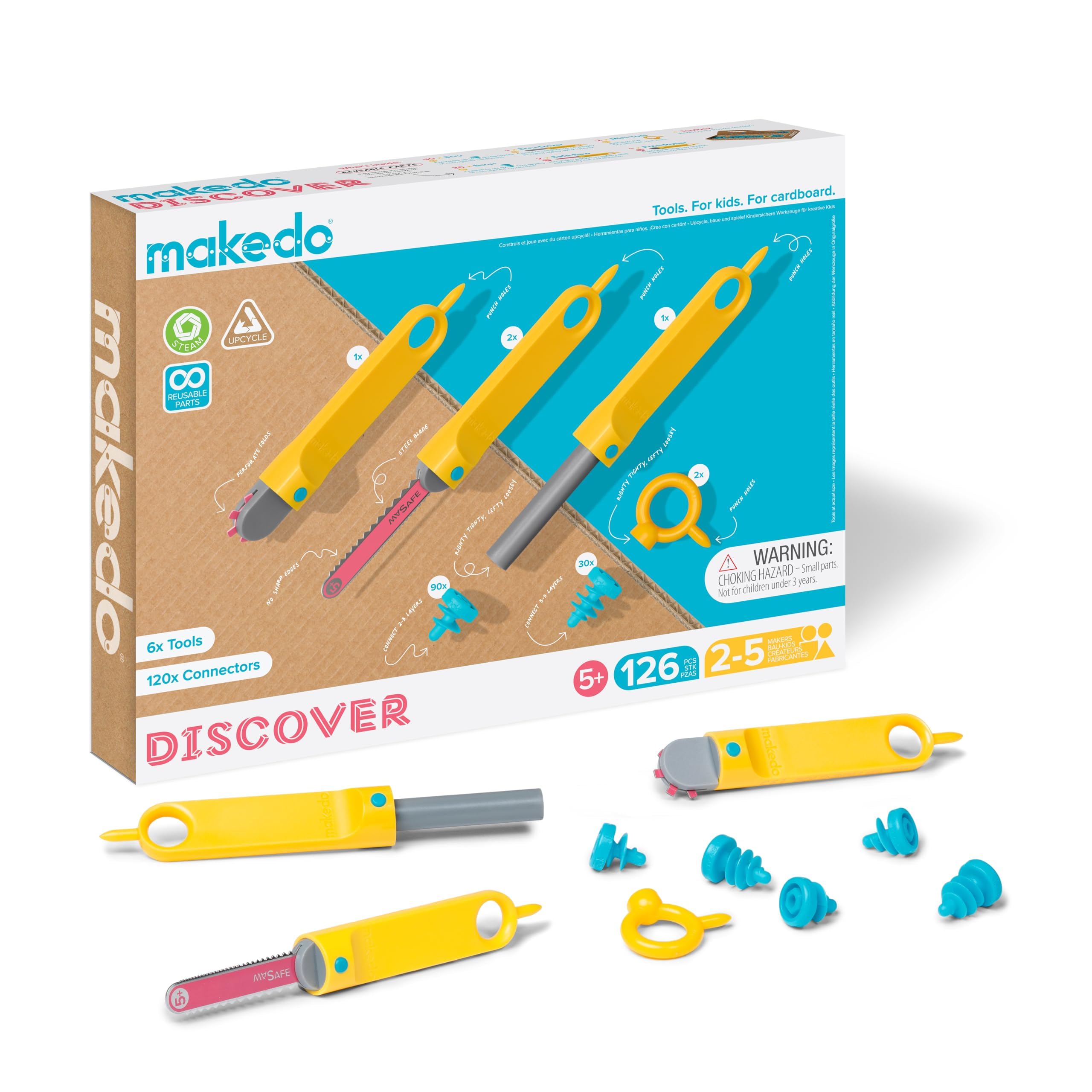 Makedo Discover | Upcycled Cardboard Construction Tool Kit in Small Toolbox (126 Pieces) | STEM + STEAM Educational Toys for at Home Play + Classroom Learning | Reusable Tools for Boys & Girls Age 5+