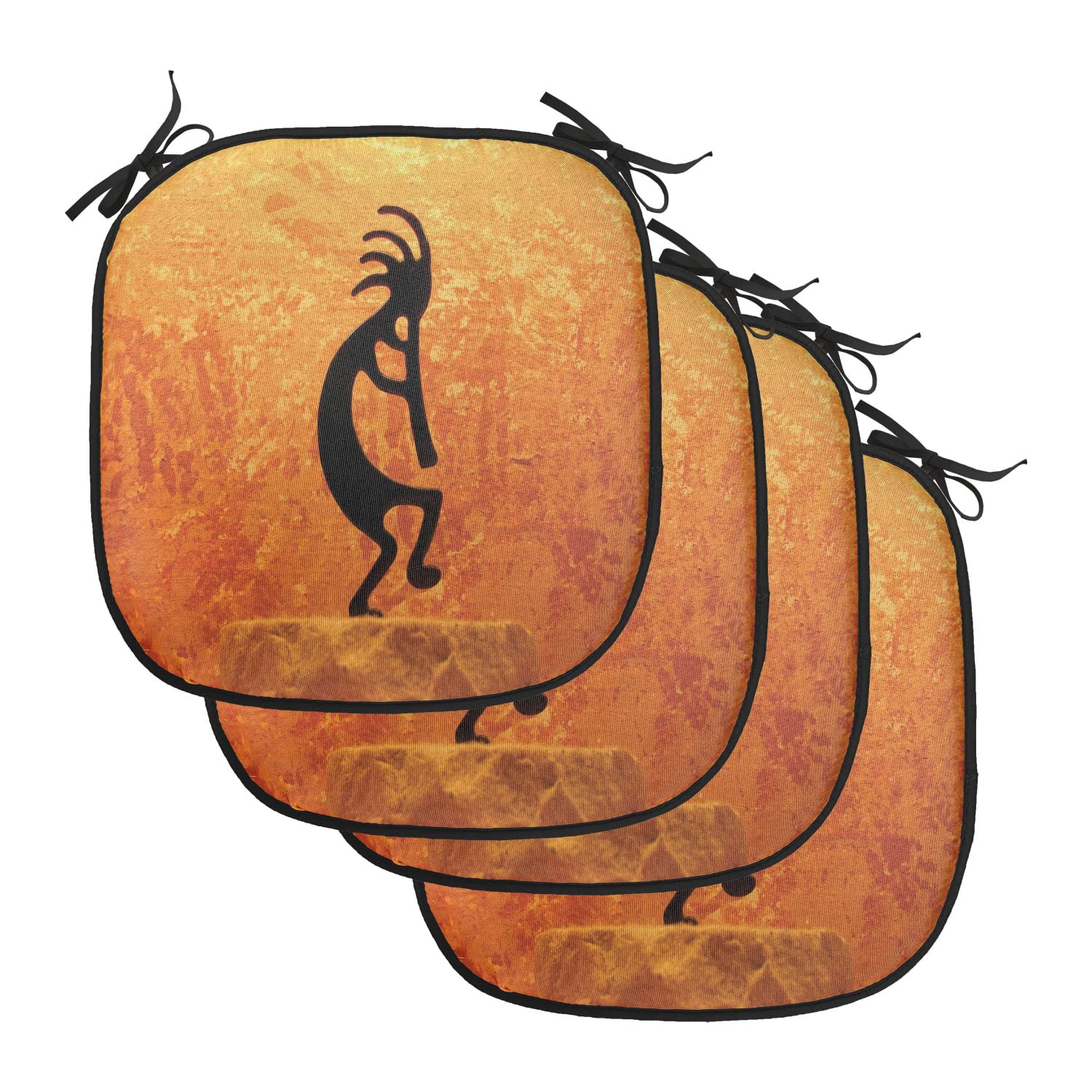 Lunarable Retro Chair Cushion Pads Set of 4, Kokopelli Character Print on Grunge Background, Anti-slip Seat Padding for Kitchen & Patio, 16