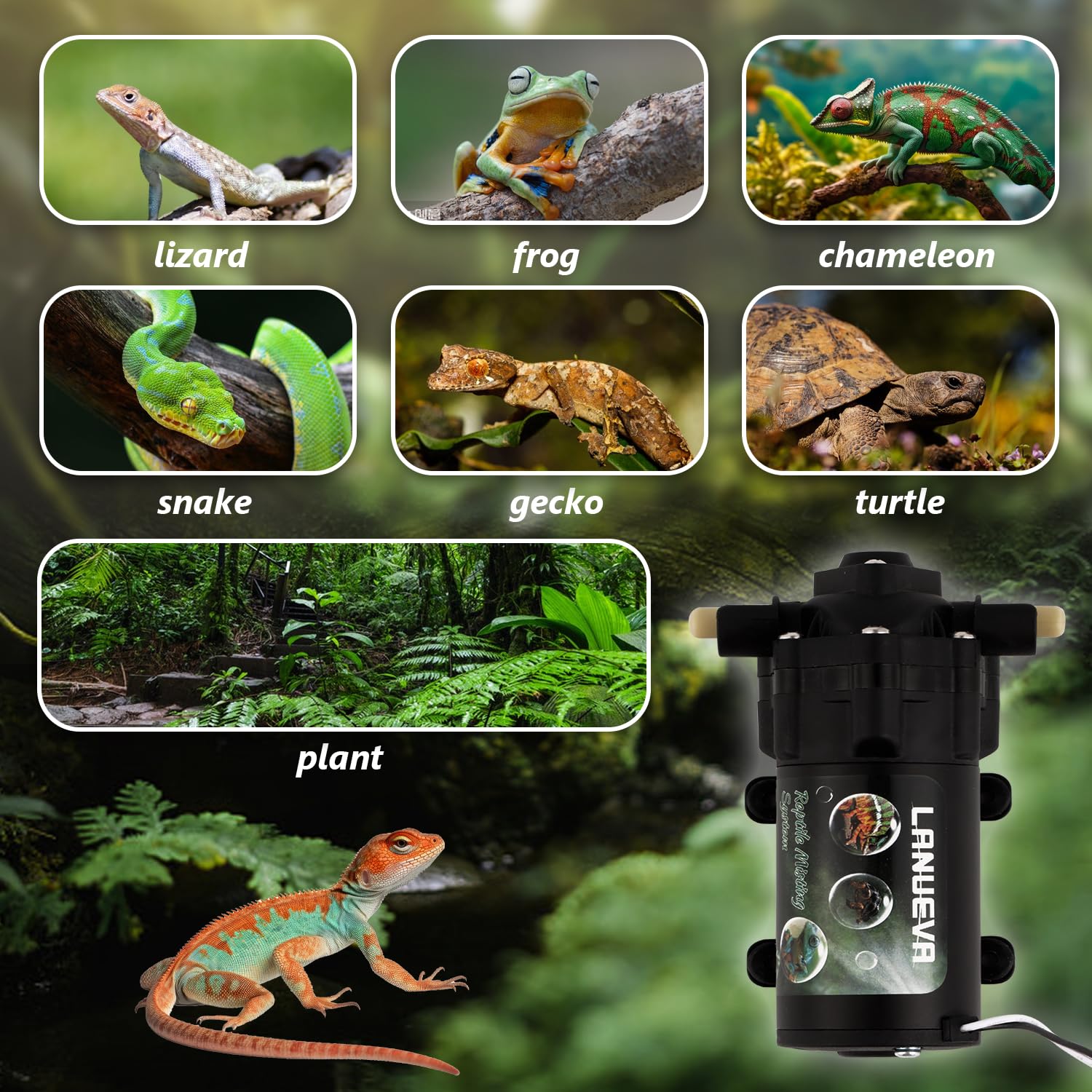 LANUEVA Humidificador de reptiles, nebulizador Mister más silencioso para terrario con 4 boquillas de niebla individuales + 2 boquillas de niebla doble, sistema de pulverización automático para