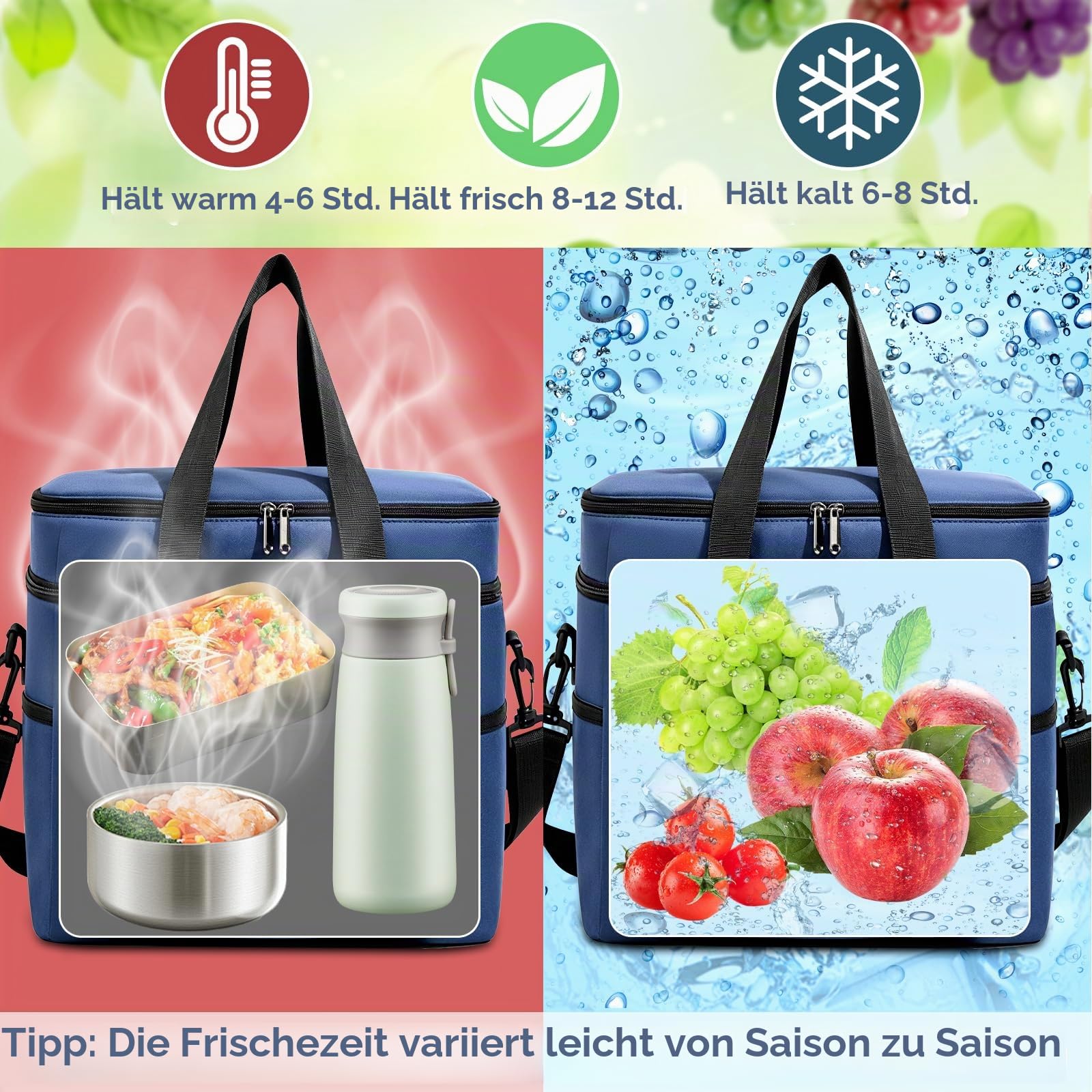 Kühltasche 30.7L Doppel-Kühltasche Groß Faltbar, Thermotasche Hält Warm & Kalt, Picknicktasche mit Schulterriemen,Tragbar Wiederverwendbare Isoliertasche Einkaufstasche