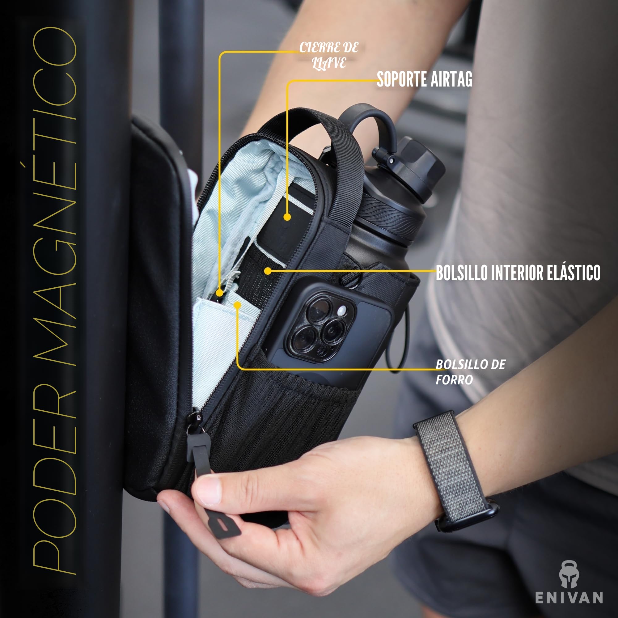 Bolsa Deportiva magnética, Soporte para Botella 1,5L, Bolsillo para móvil, Correa Ajustable Hombre Mujer, mosquetón Llaves, riñonera para Fitness, Gimnasio, musculación, Negro