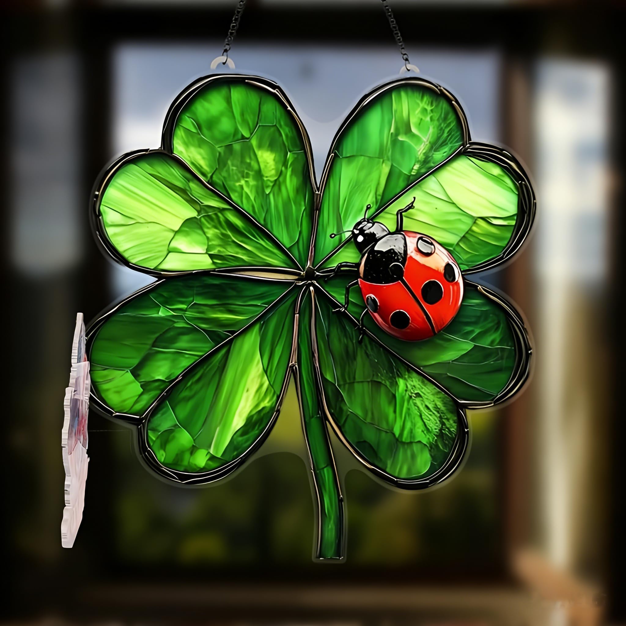 2D Ladybug and Four Leaf Clover Sun Catcher,Acrylic Stained Glass Window Hanging for Garden and Home Decor,Lucky Charm Gift