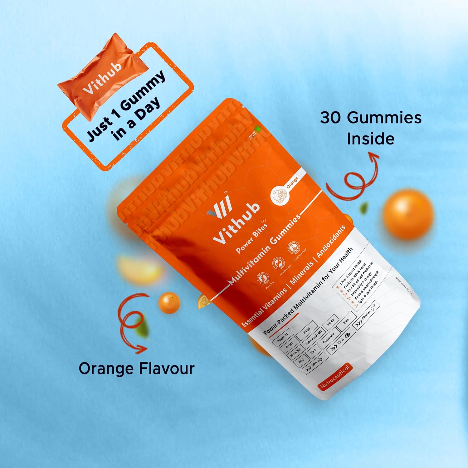 Vithub Multivitamin Gums for Daily Energy and Welfare | 30 days pack | Vitamin A, B Complex, C, D3, E, Zinc with zinc folic acid, DHA for brain, choline and curcumine. Zesty Orange Taste | Any couple sugar | One day Third party test | Vegetarian | NABL certified Vithub Multivitamin Gums for Daily Energy and Welfare | 30 days pack | Vitamin A, B Complex, C, D3, E, Zinc with zinc folic acid, DHA for brain, choline and curcumine. Zesty Orange Taste | Any couple sugar | One day Third party test | Vegetarian | NABL certified