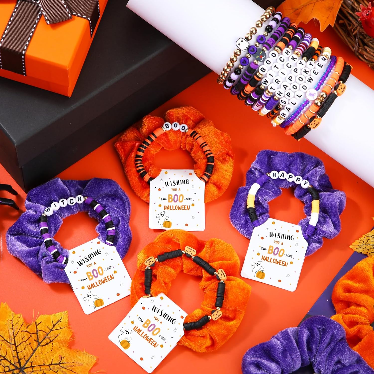 Tondiamo 72 Pcs Halloween Bracelets and Scrunchies Halloween Party Favor Gift Boo Spooky Ghost Pumpkin Witch Holiday Stackable Stretch Friendship Bracelets and Scrunchies with Gift Cards for Women