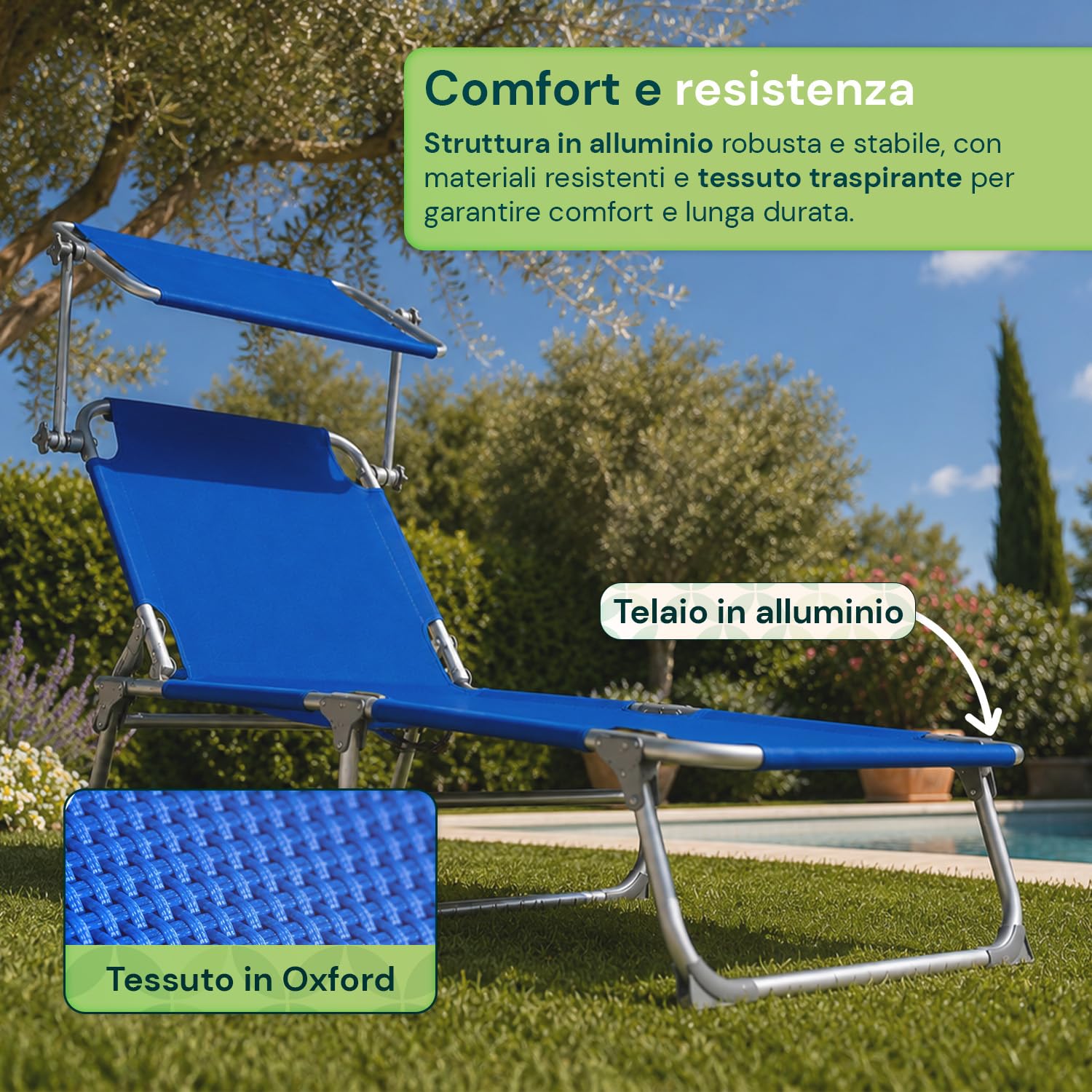 Avilia - Lettino Prendisole Pieghevole con Parasole 360° – Alluminio, Tessuto Oxford, 100 kg | Lettino Prendisole Reclinabile 0-60°, Traspirante, L54×P185×A24 cm – Chiuso L54×P17×A70 cm