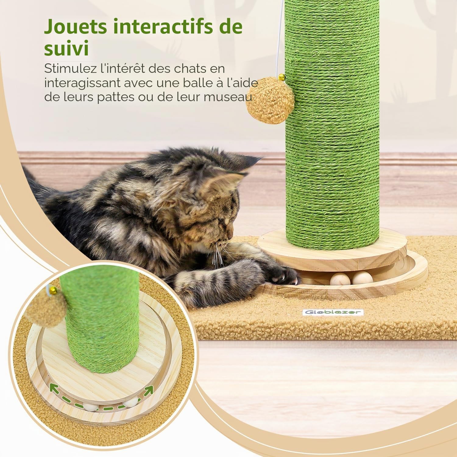 Globlazer Poteau Griffoir Chat Cactus Vert XXL Haut 94 cm avec Boule de Suivi en Bois Griffoirs Sisal Peluche Balles Chats Jouets, Stable Griffoir Poteau pour Grand Chat Jouer Gratter (SC37, Vert)