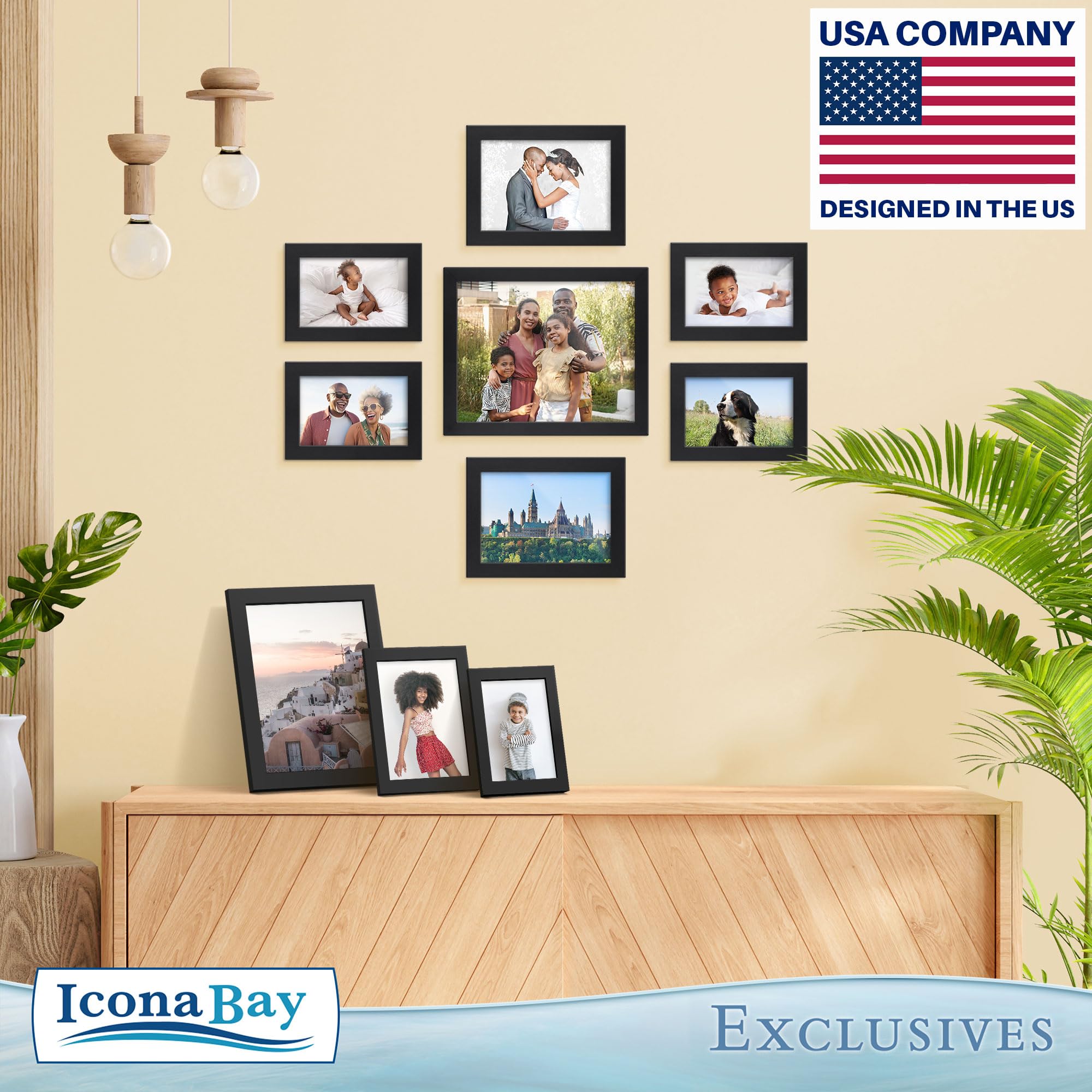 Icona Bay 7 x 5 ramki na zdjęcia (czarne, 6 sztuk), solidne drewniane kompozytowe ramki na zdjęcia 18 x 5, elegancki design, blat stołu lub uchwyt na ścianę, kolekcja Exclusives