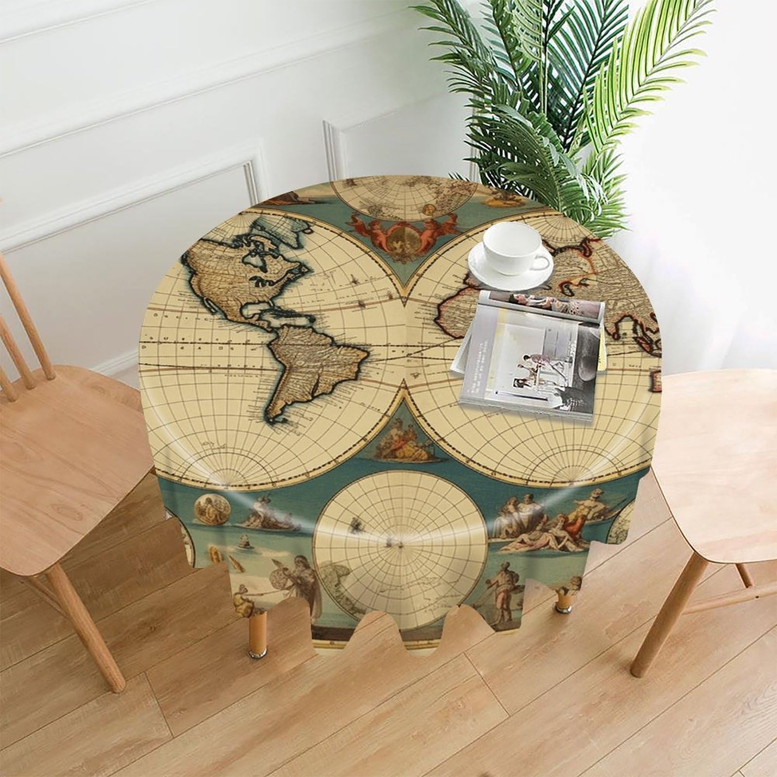 VstaDank World Map Retro Tablecloth Easy to Clean Polyester Round Table Cover Washable Round Table Cloth Wrinkle-Free Circle Decoration Tablecloth for Kitchen Dining Room 60"