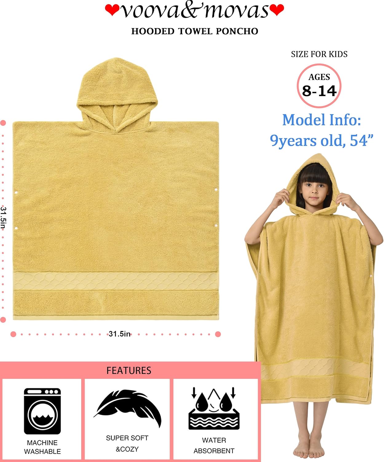 32"X64" Large Turkish Poncho Towels for Kids(8-14Years),Oversized 100% Cotton Thick (600GSM) Absorbent Bath Robe for Boy | Girl | Teens , Perfect for Swimming | Bathing | Beach | Gifts,Gold - Image 2